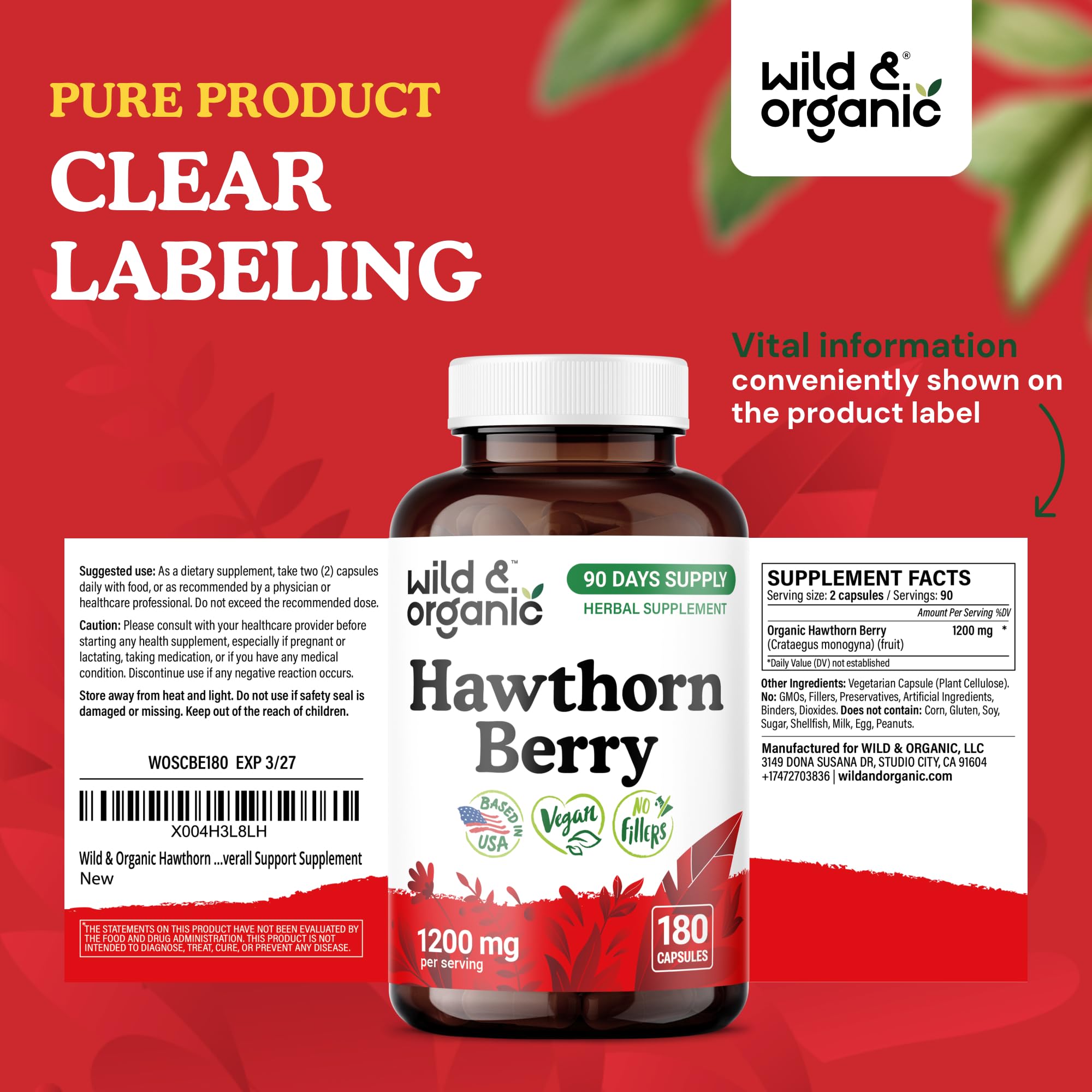 Wild & Organic Hawthorn Berry Capsules bottle with a green plant background