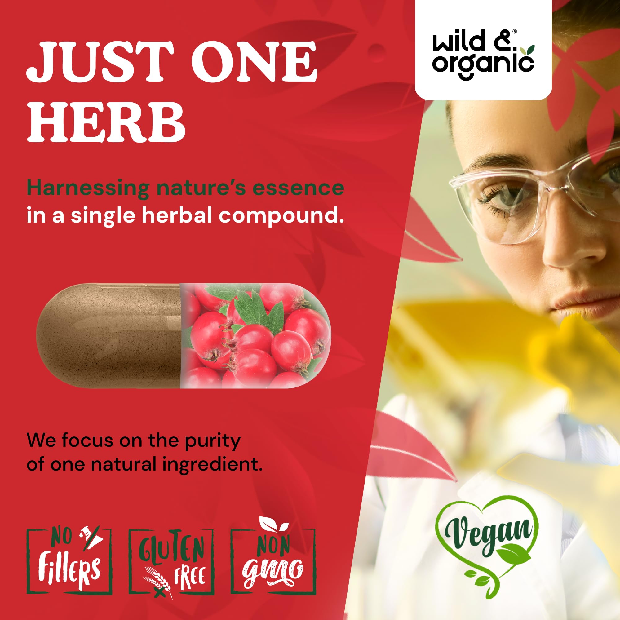 Wild & Organic Hawthorn Berry Capsules on a wooden table
