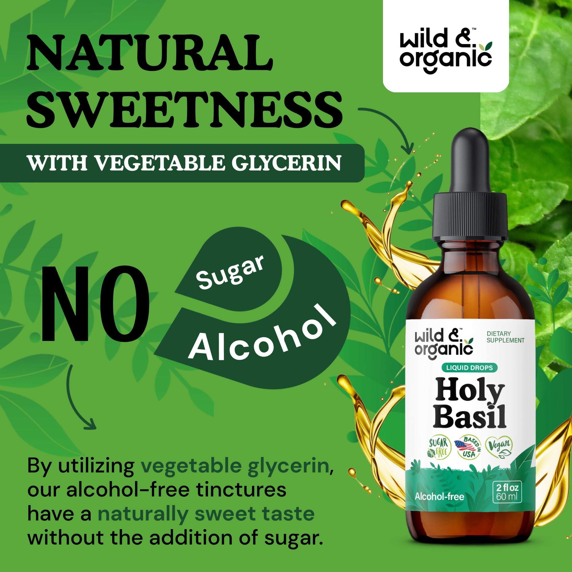 Wild & Organic Holy Basil Tincture 600mg with measuring spoon