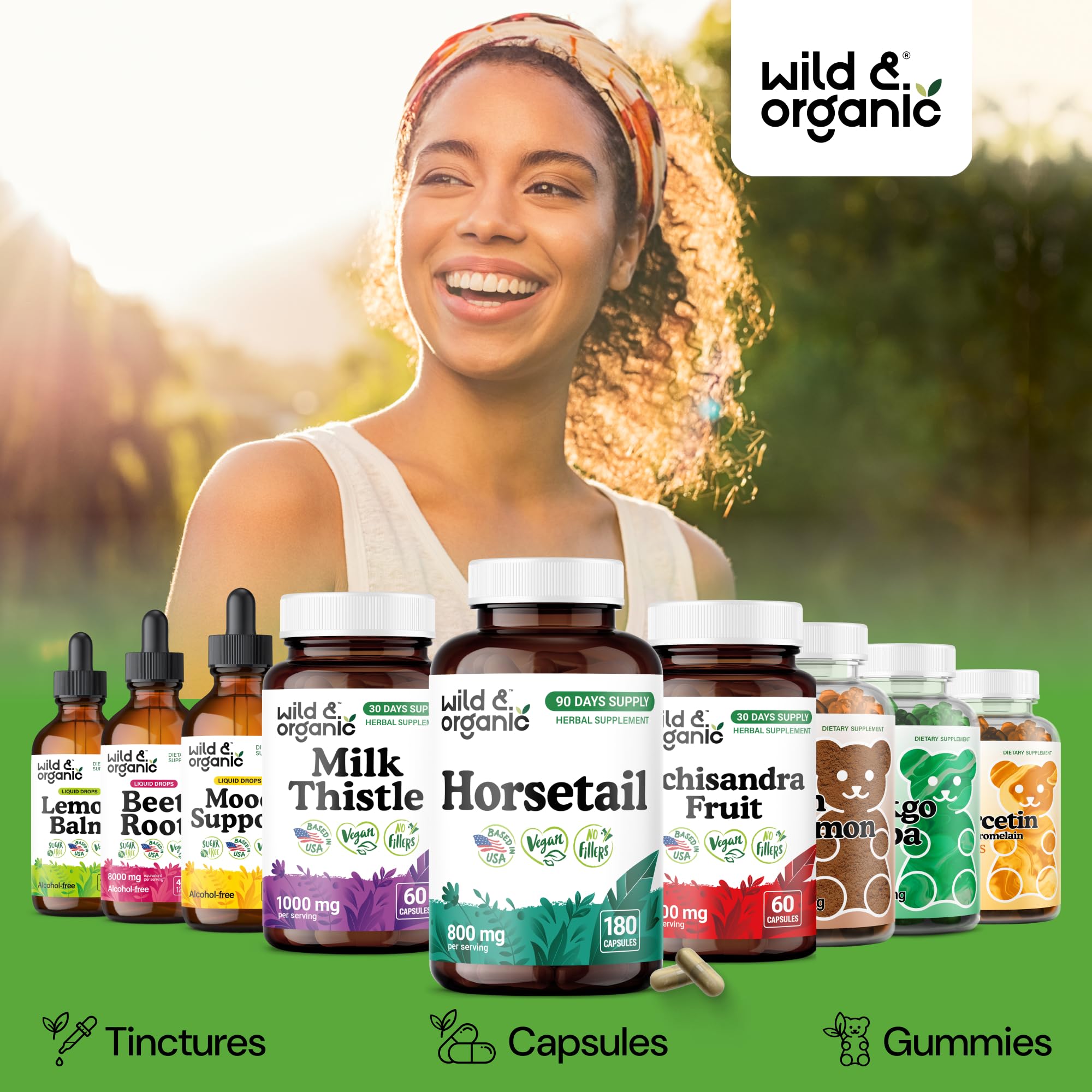 Wild & Organic Horsetail Herb Capsules bottle with a clean background