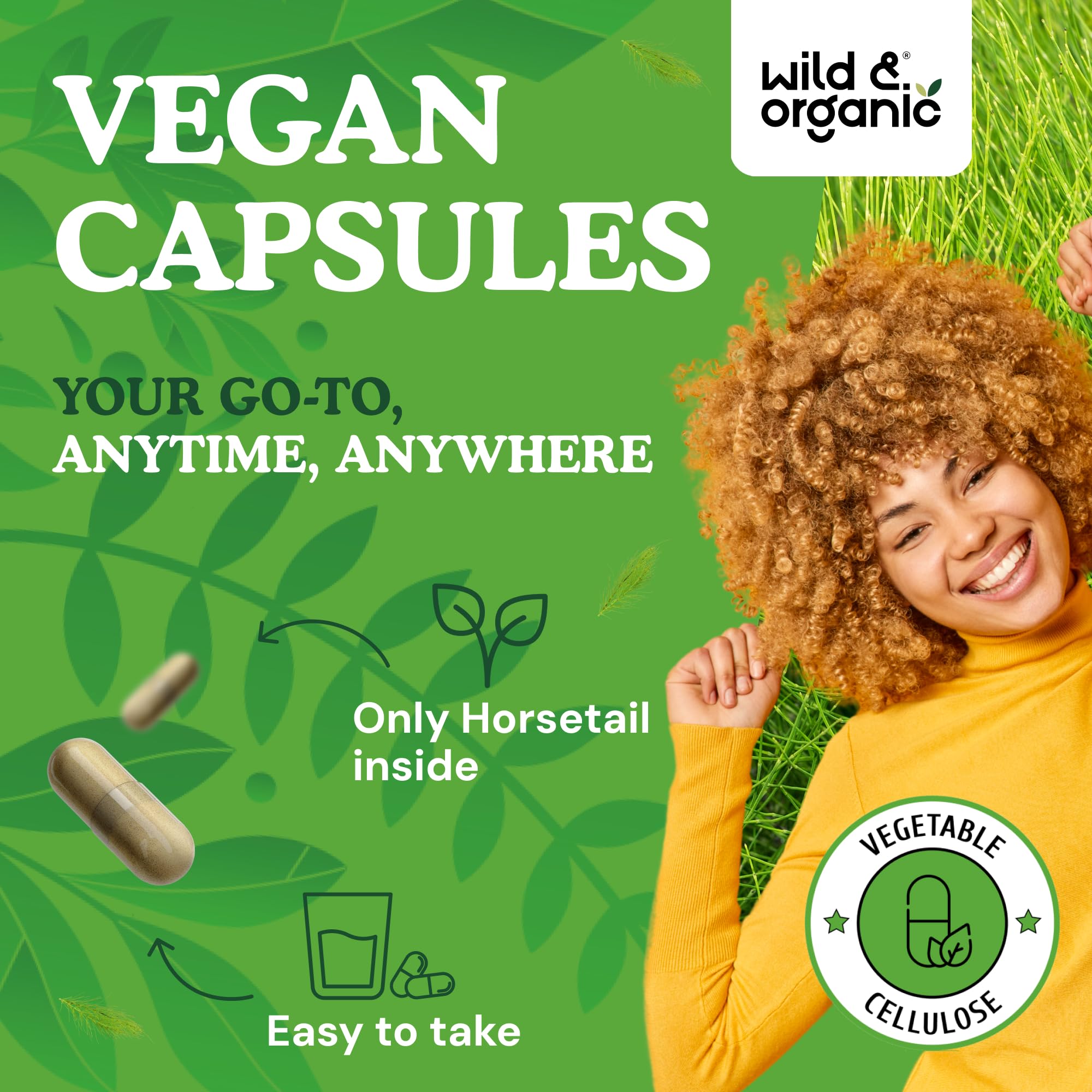 Wild & Organic Horsetail Herb Capsules with a measuring spoon for dosage