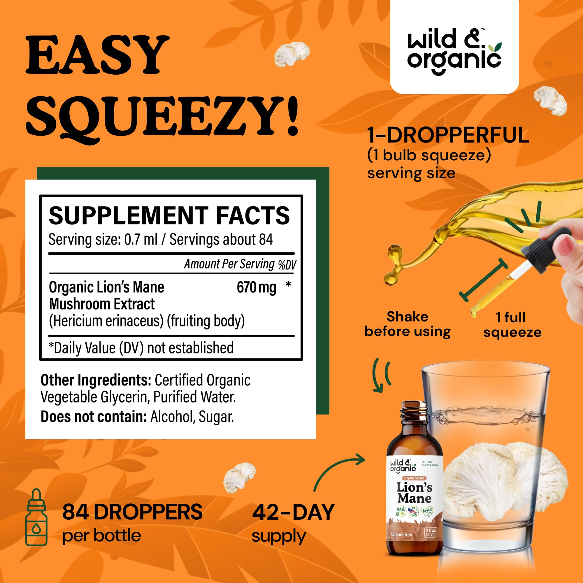 Wild & Organic Lion's Mane Mushroom Drops label close-up