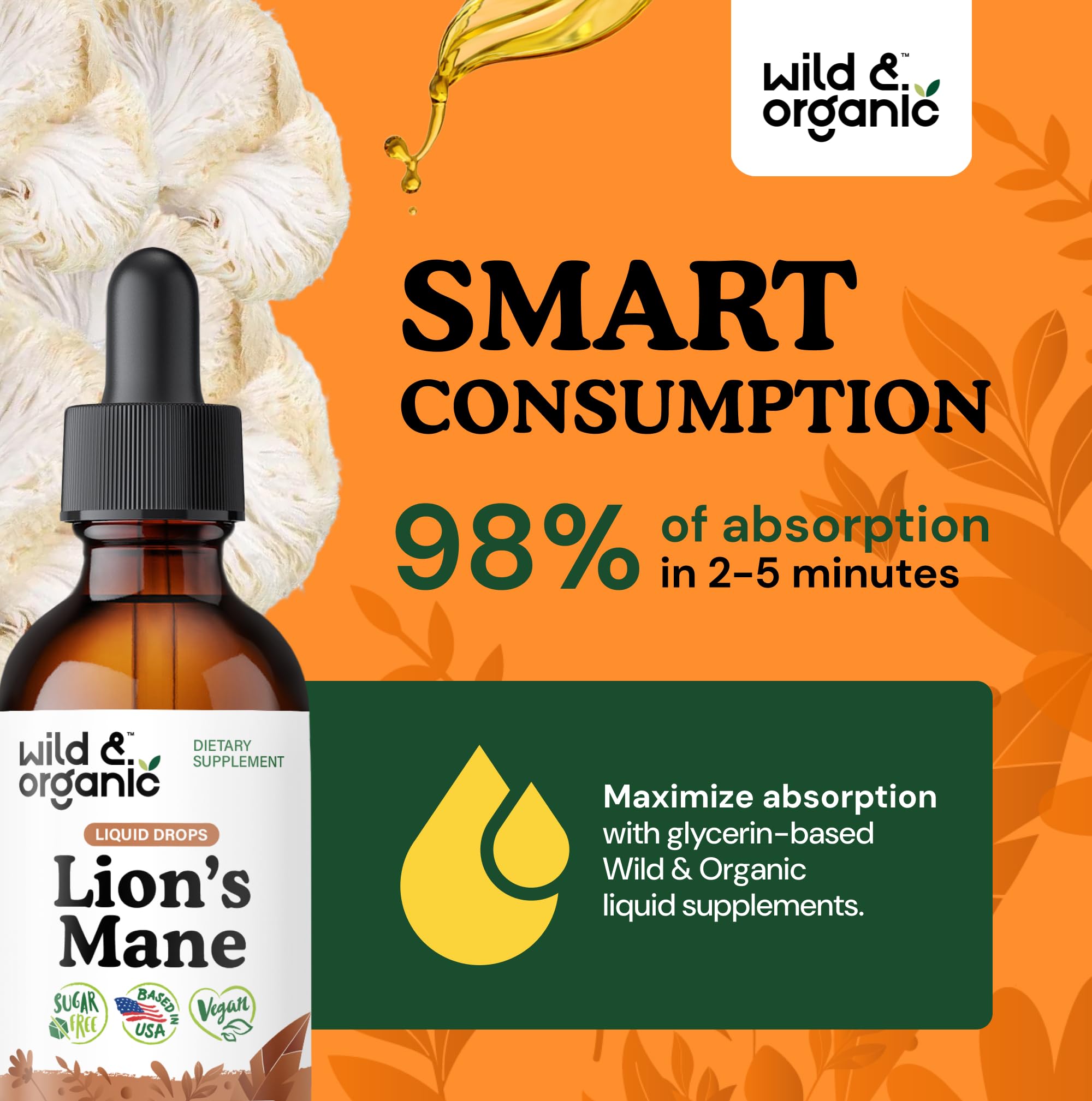 Wild & Organic Lion's Mane Mushroom Drops with dropper