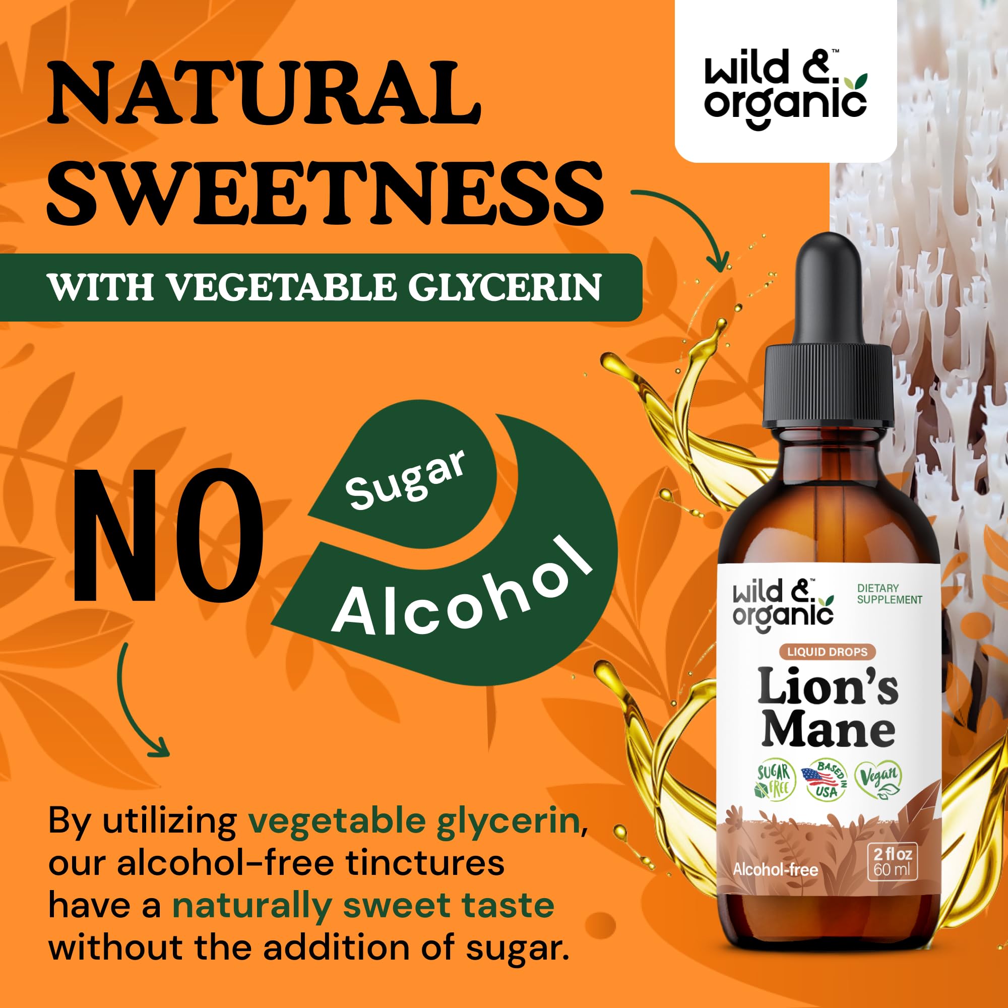 Wild & Organic Lion's Mane Mushroom Drops with measuring spoon