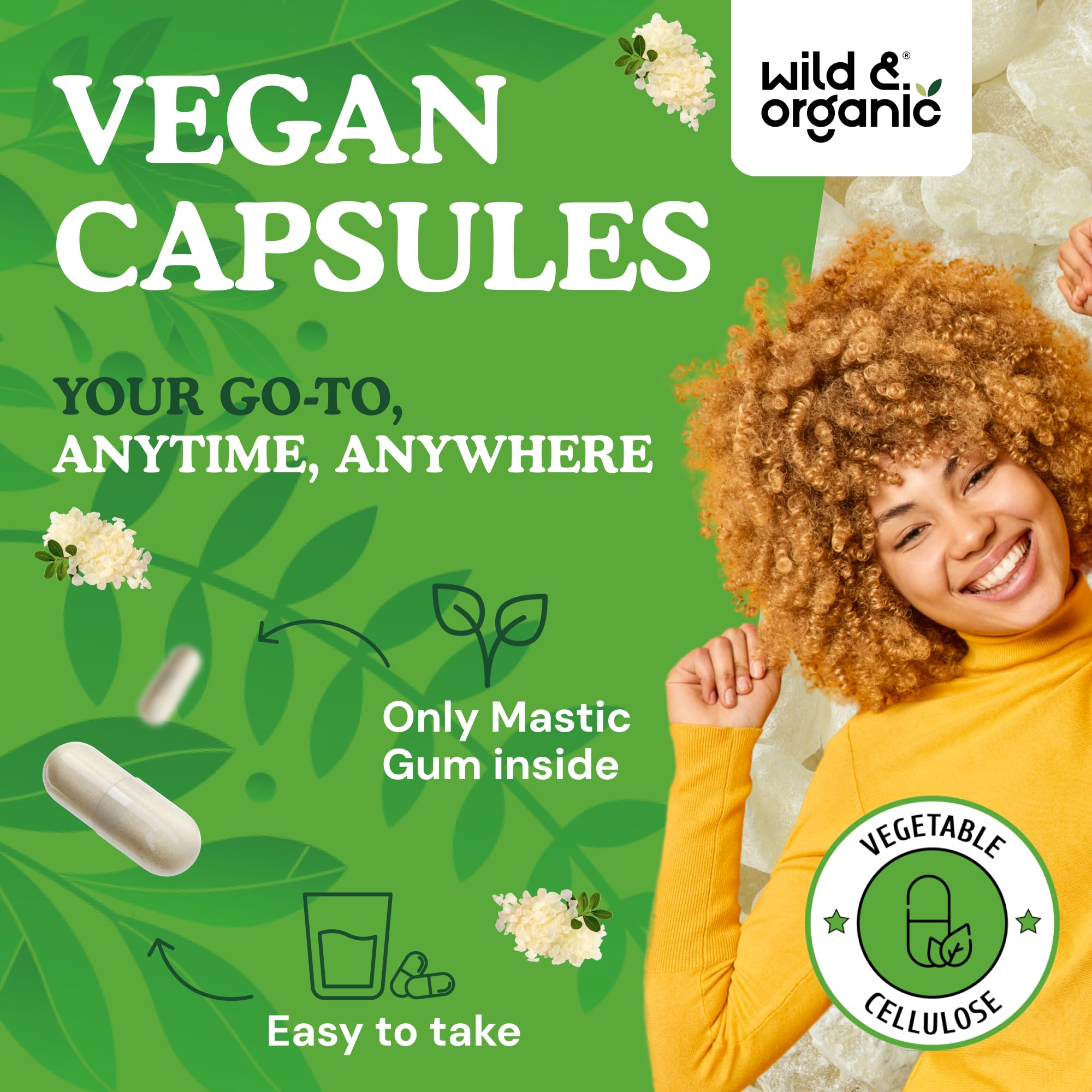 Wild & Organic Mastic Gum Capsules bottle with a measuring spoon