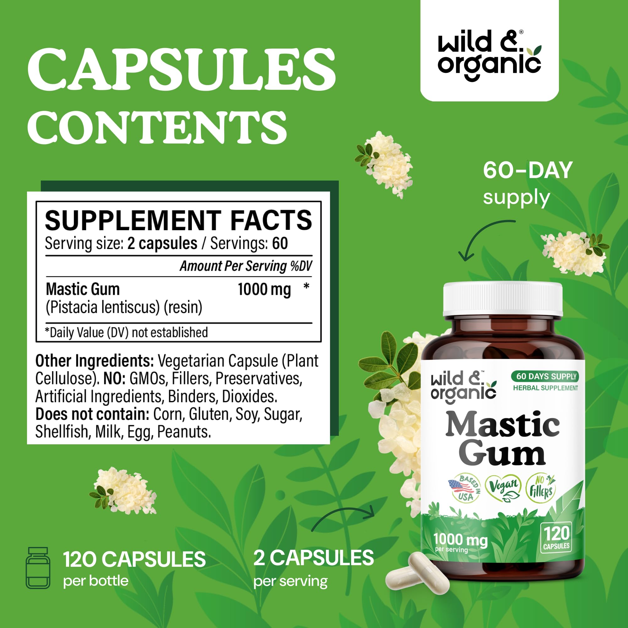 Wild & Organic Mastic Gum Capsules with two capsules on a wooden surface