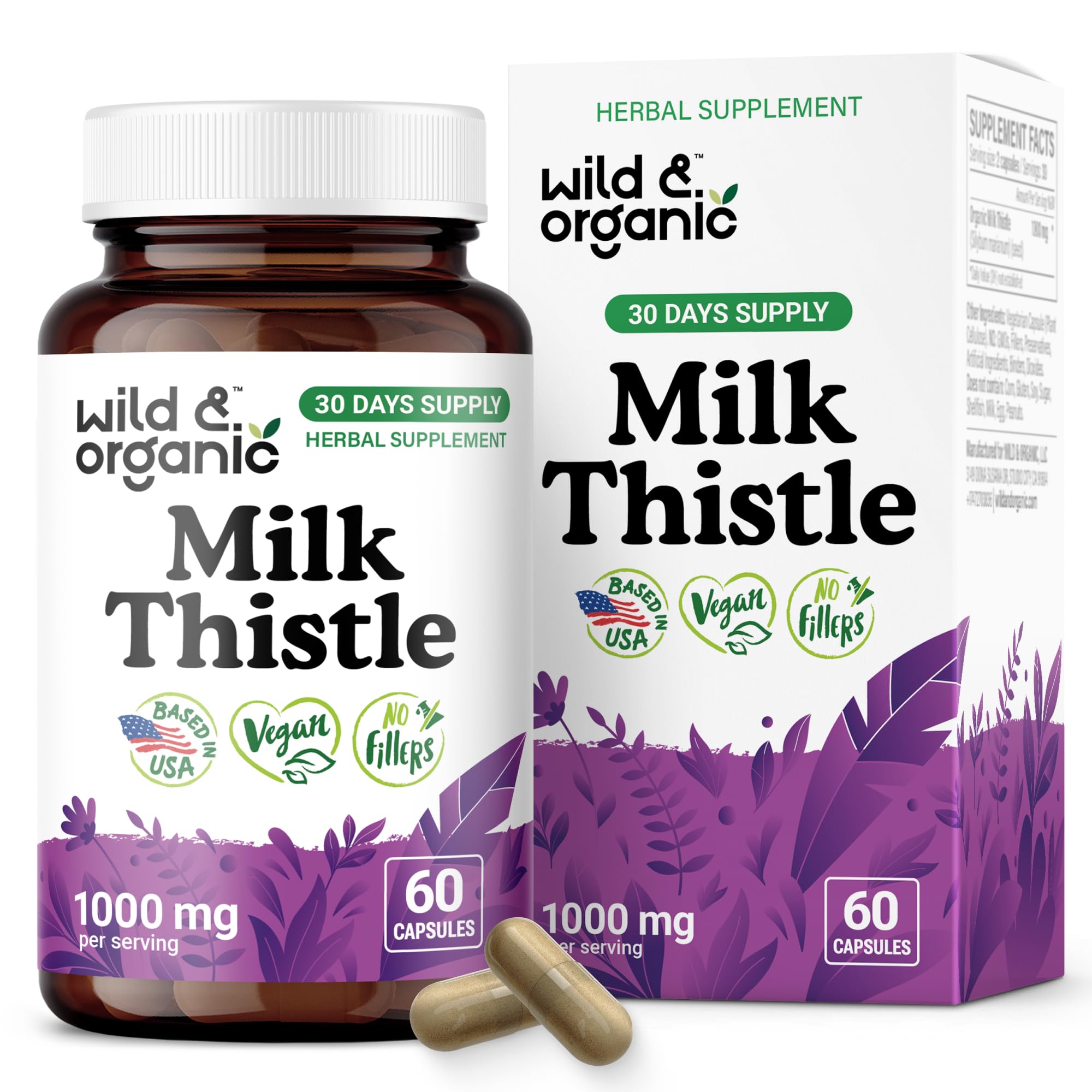 Wild & Organic Milk Thistle Capsules 1000mg bottle front view