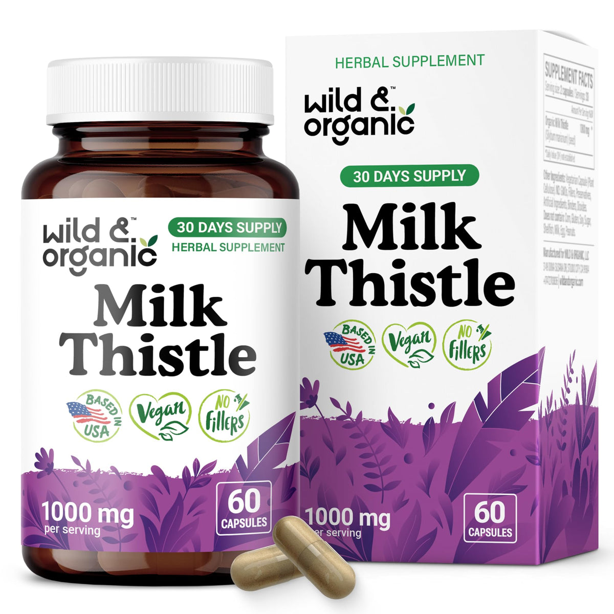 Wild & Organic Milk Thistle Capsules 1000mg bottle front view