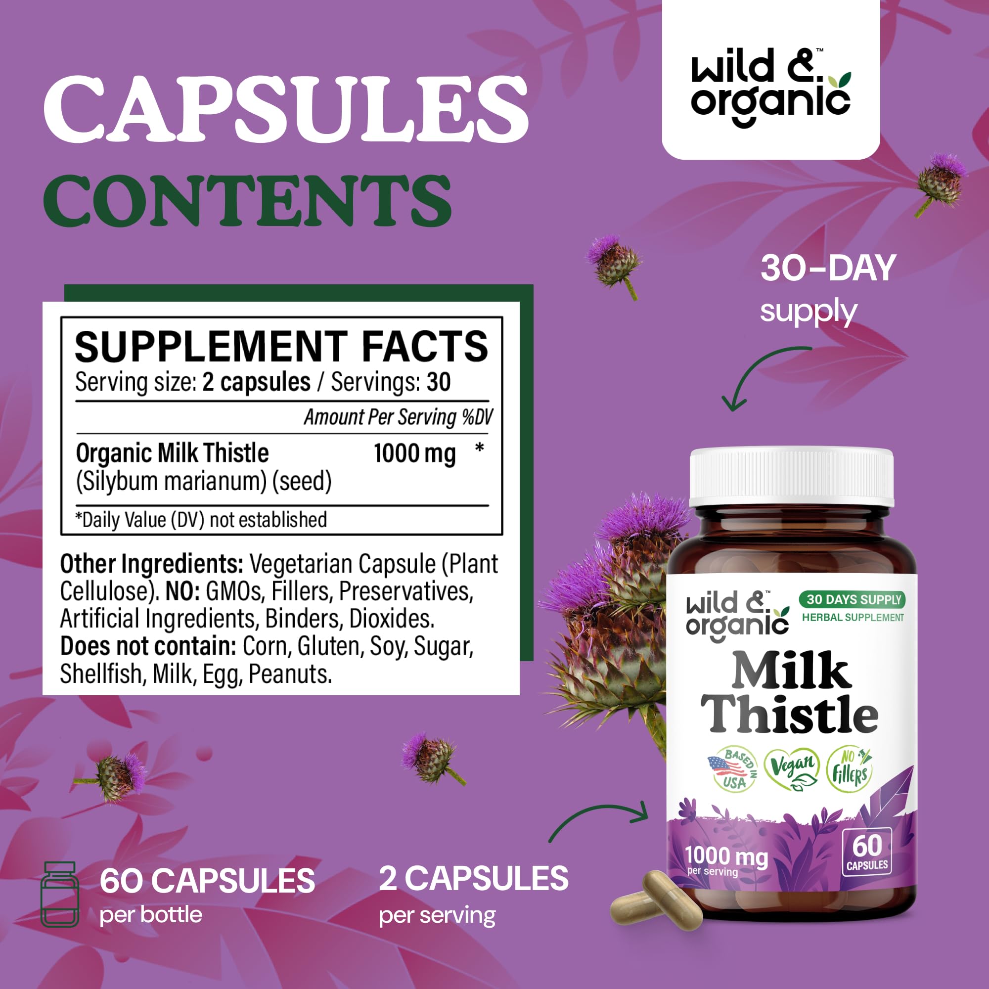 Wild & Organic Milk Thistle Capsules 1000mg with a measuring spoon for dosage