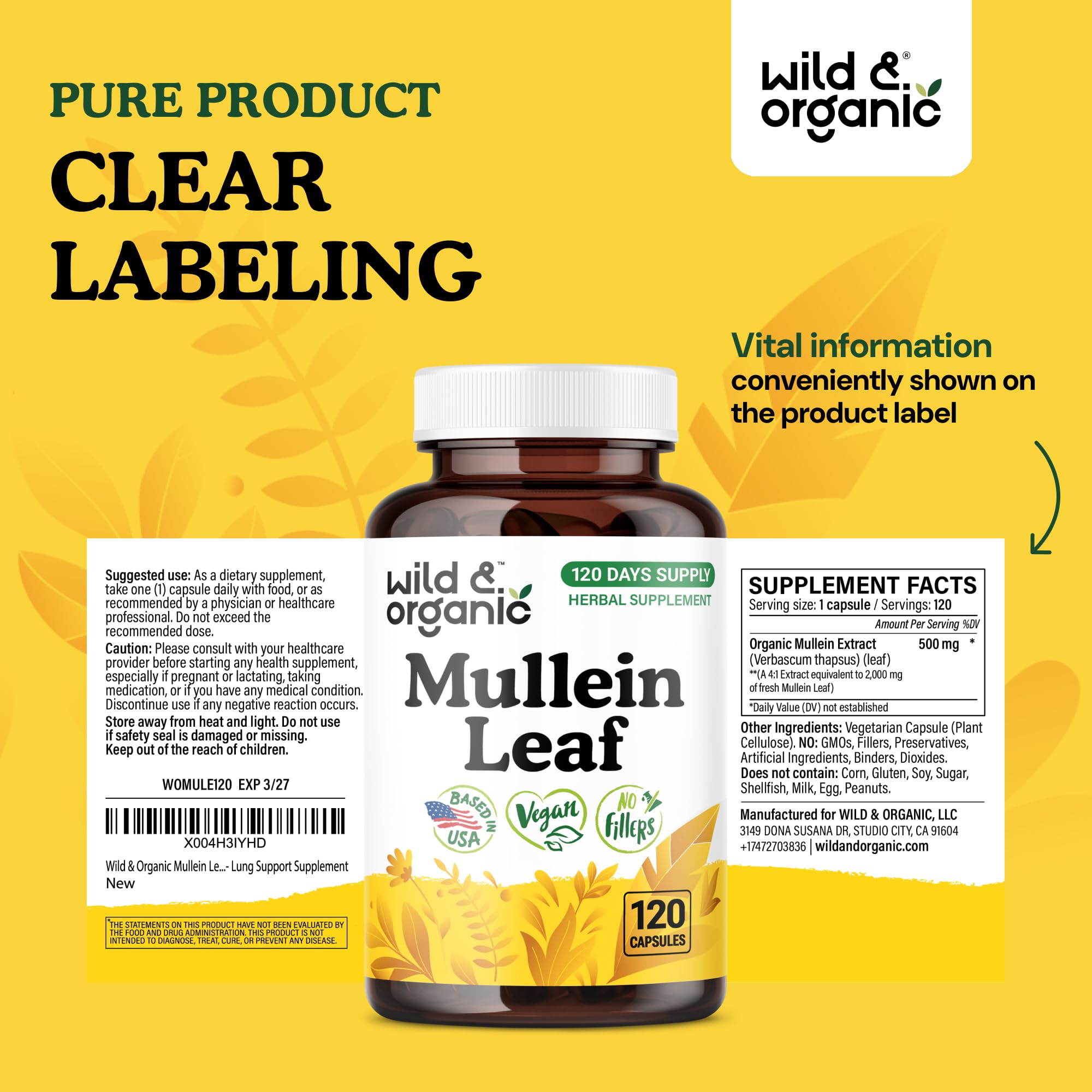 Wild & Organic Mullein Capsules alongside fresh mullein leaves