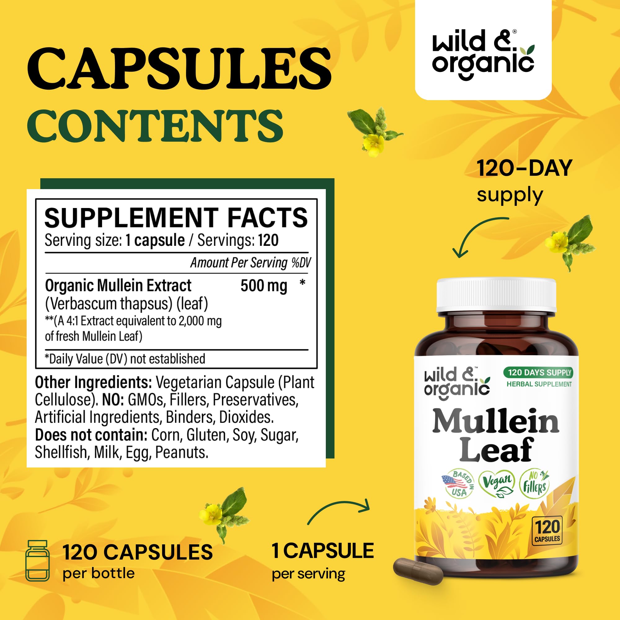 Wild & Organic Mullein Capsules back view showing ingredients