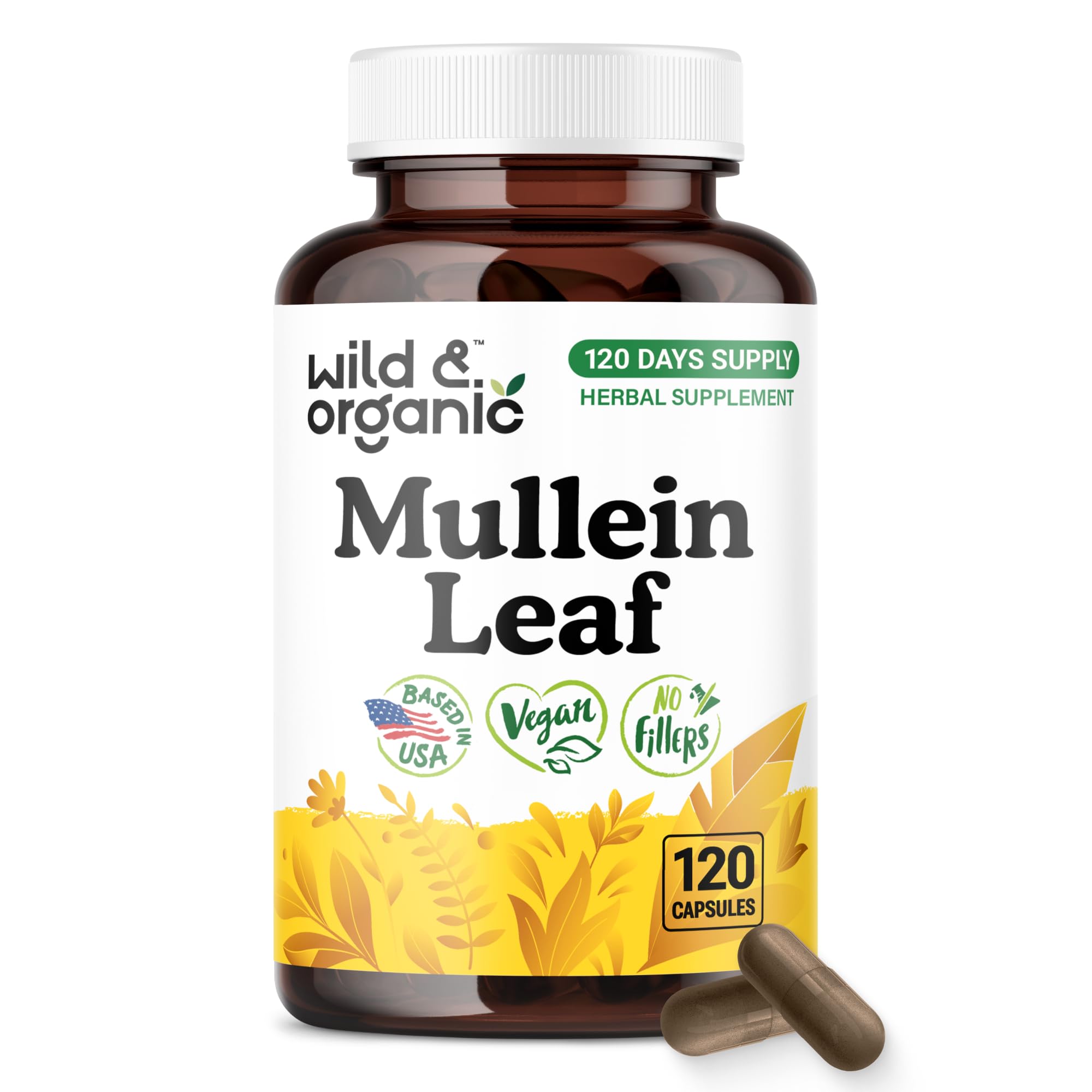 Wild & Organic Mullein Capsules bottle front view with 120 capsules