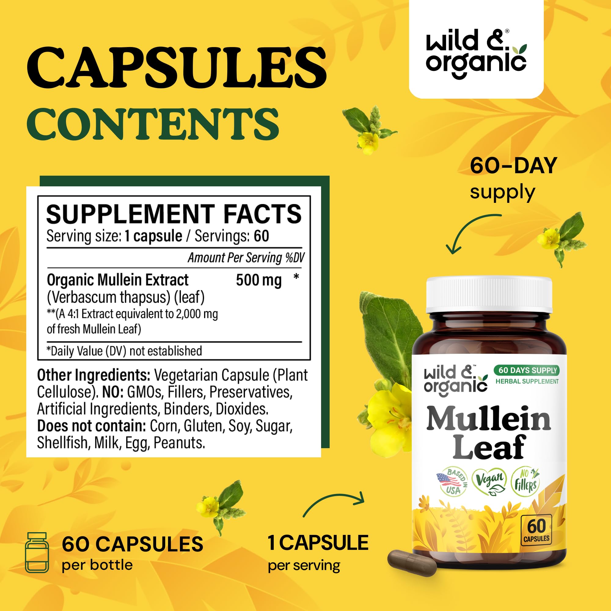 Wild & Organic Mullein Leaf Capsules 400mg bottle with label
