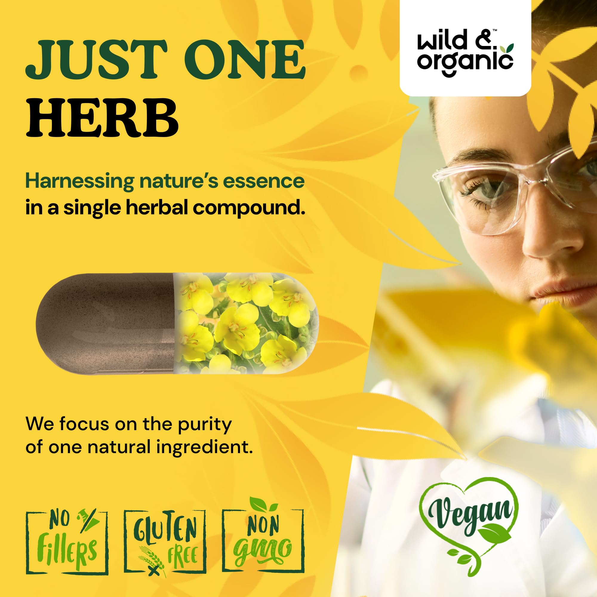 Wild & Organic Mullein Leaf Capsules 400mg with a measuring spoon