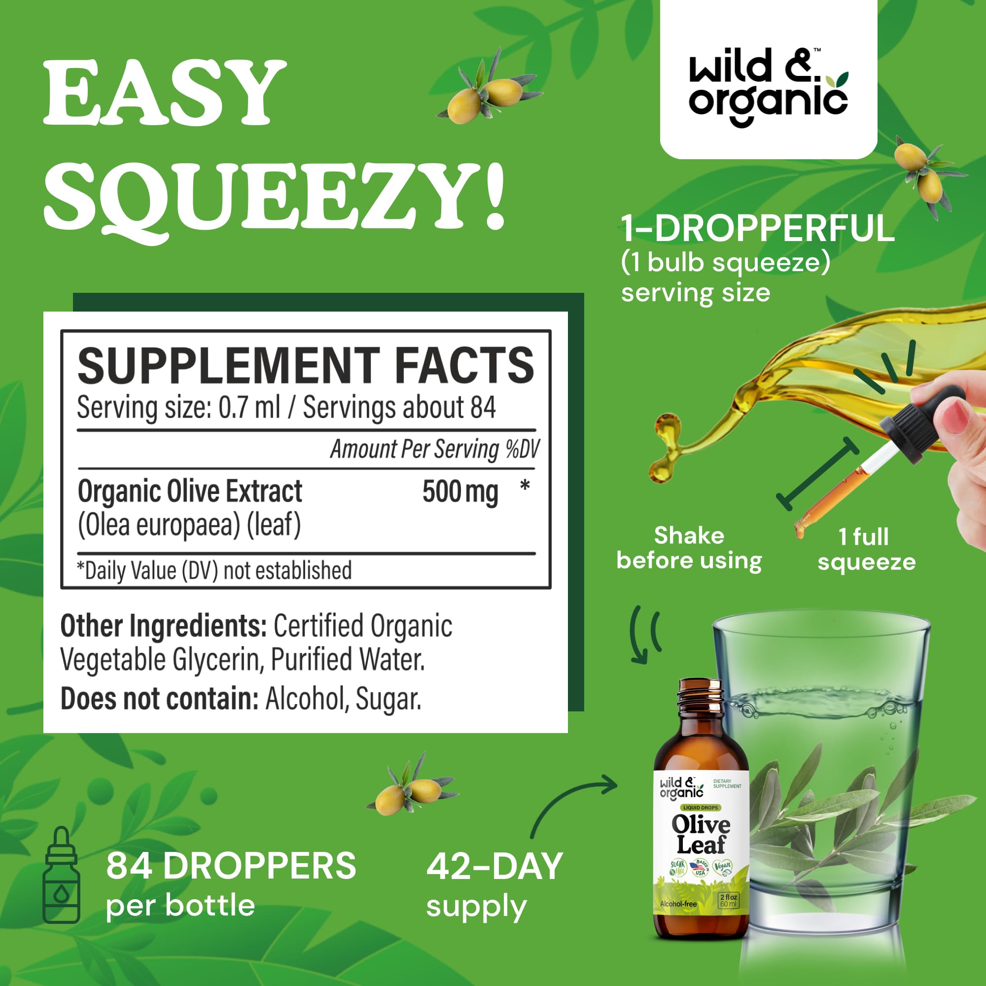 Wild & Organic Olive Leaf Extract Tincture 500mg dropper