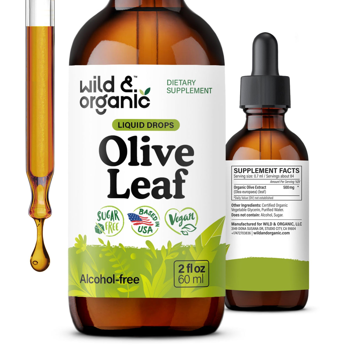Wild & Organic Olive Leaf Extract Tincture 500mg front view