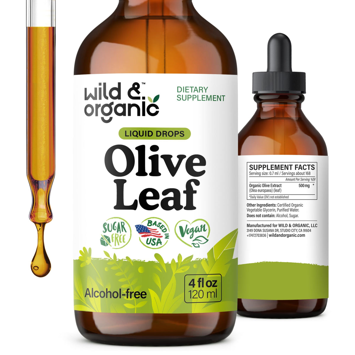 Wild & Organic Olive Leaf Tincture 500mg front view