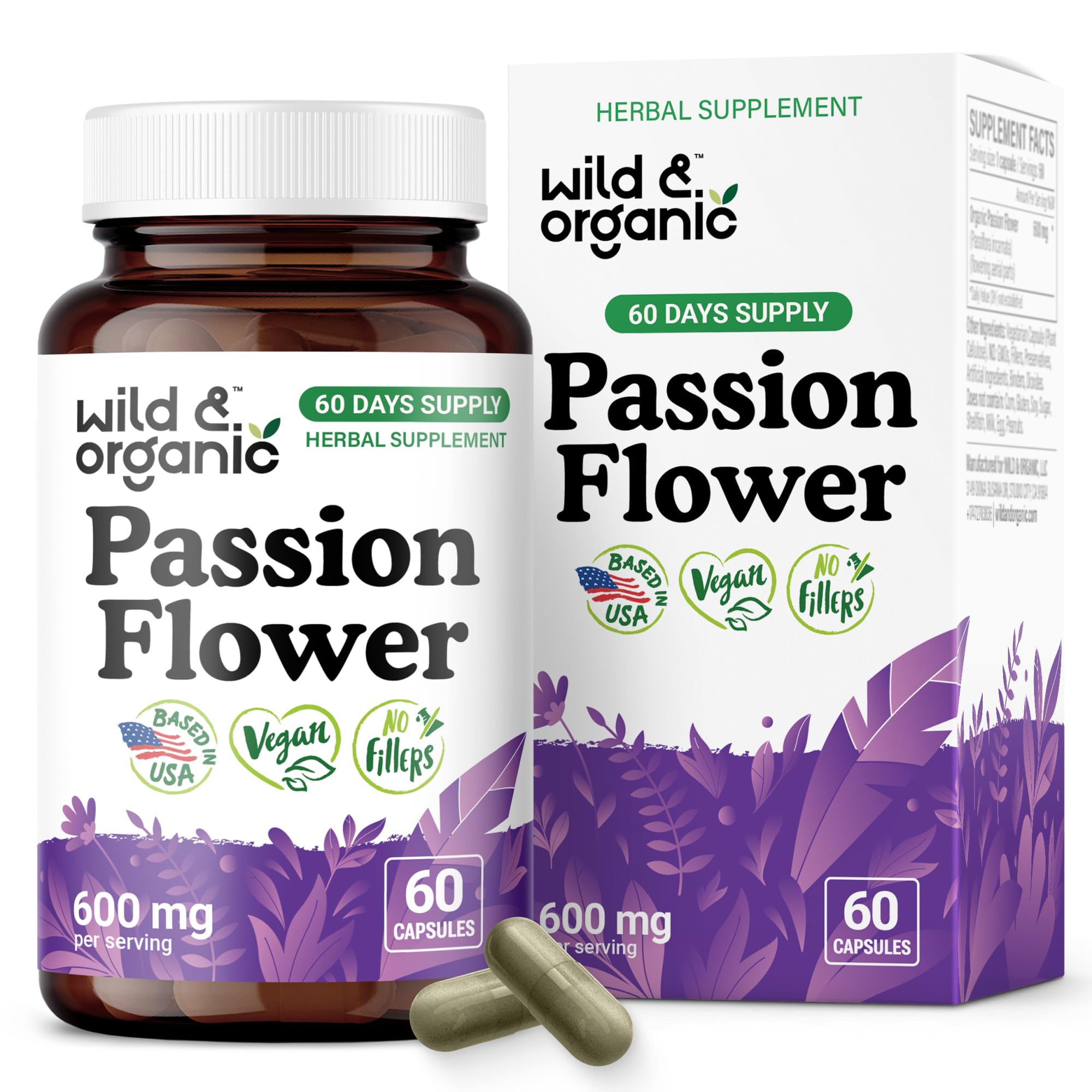 Wild & Organic Passion Flower Capsules 600mg front view