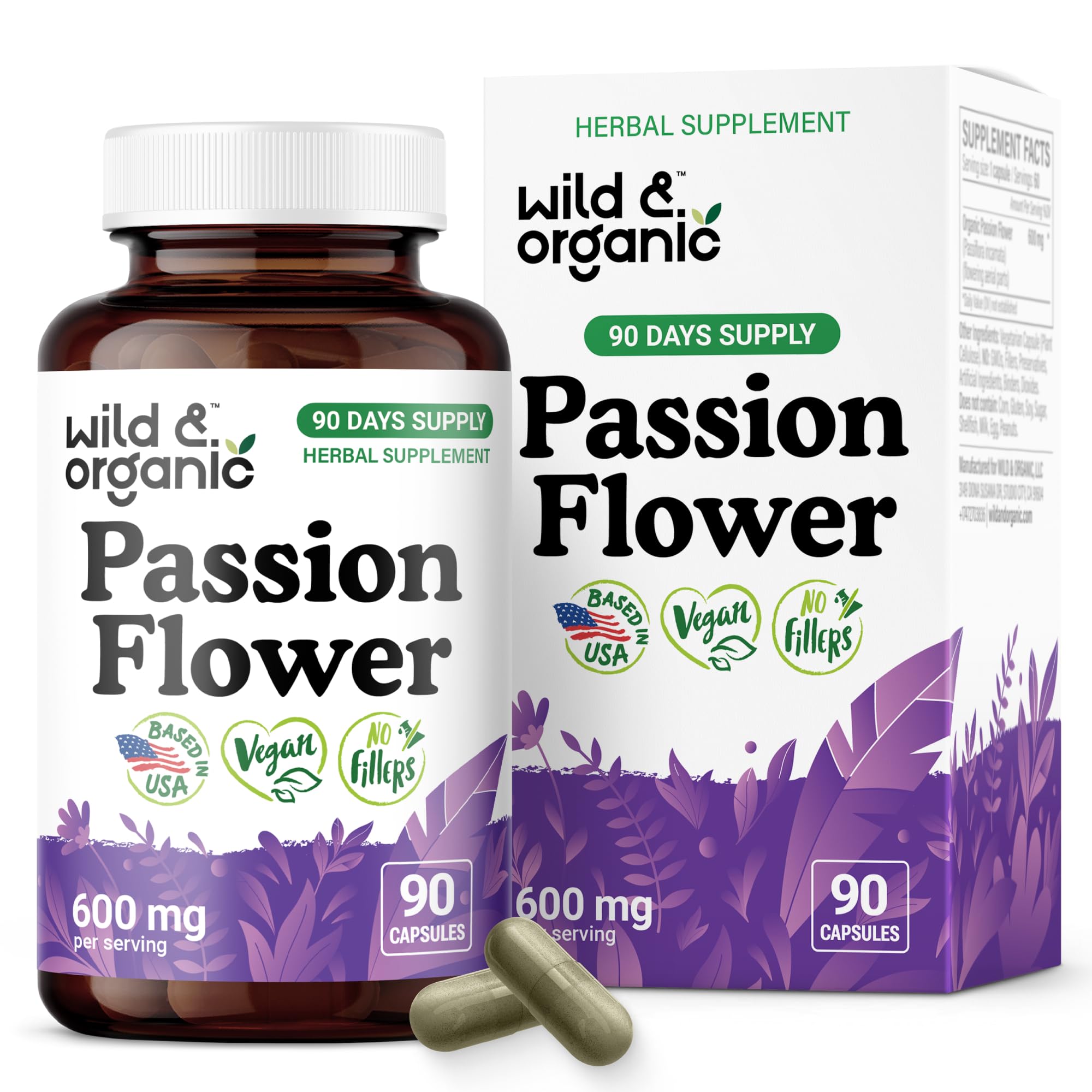 Wild & Organic Passion Flower Capsules 600mg front view
