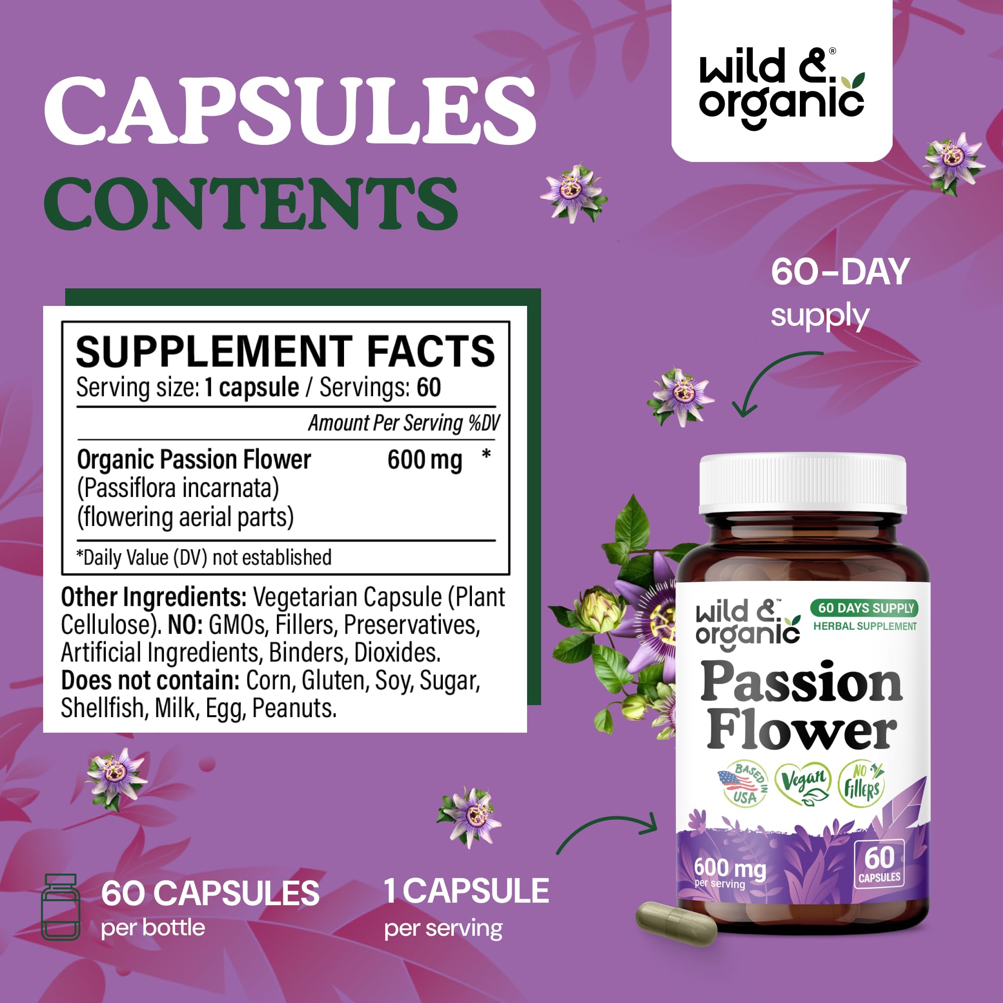 Wild & Organic Passion Flower Capsules 600mg with dosage details