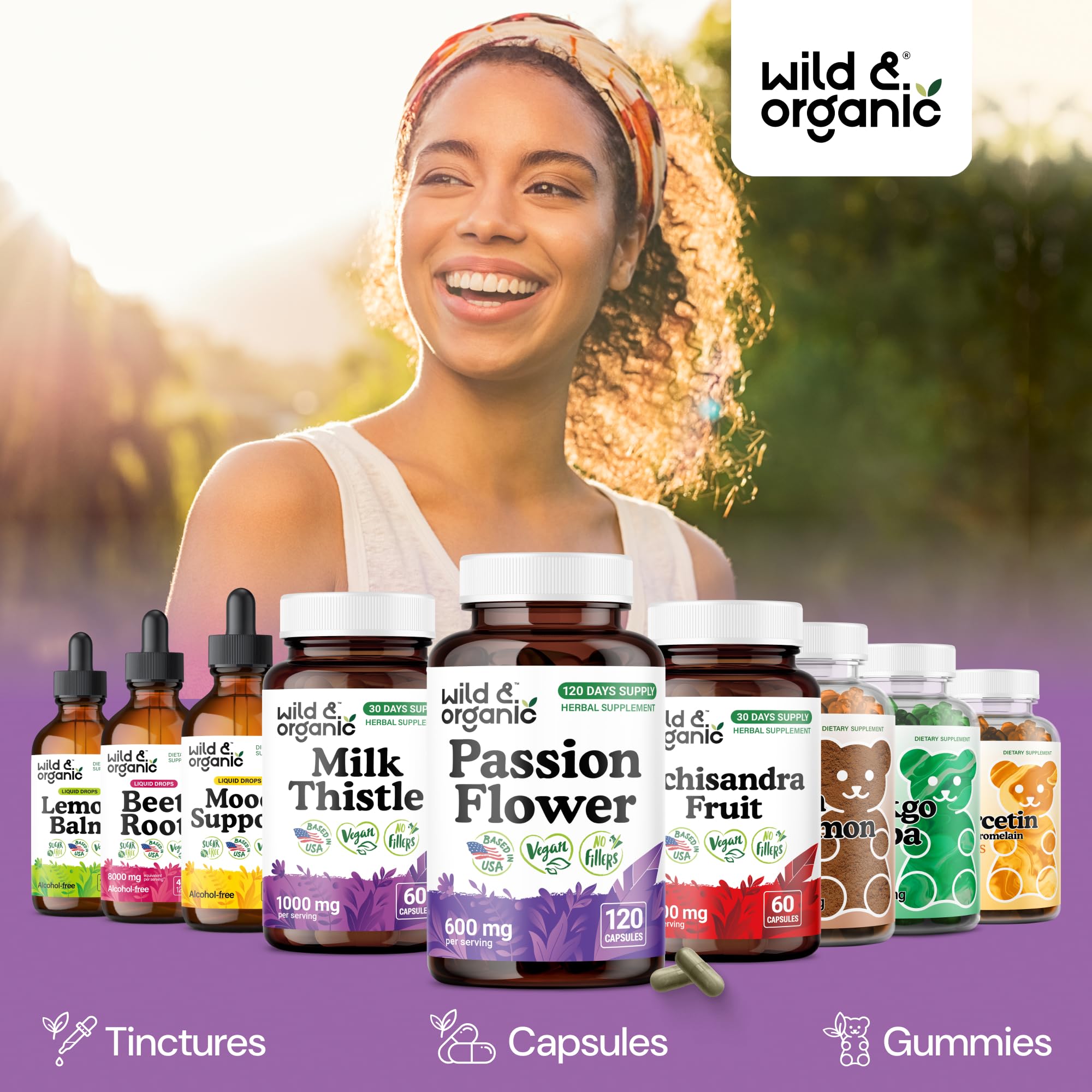 Wild & Organic Passion Flower Capsules bottle with natural background