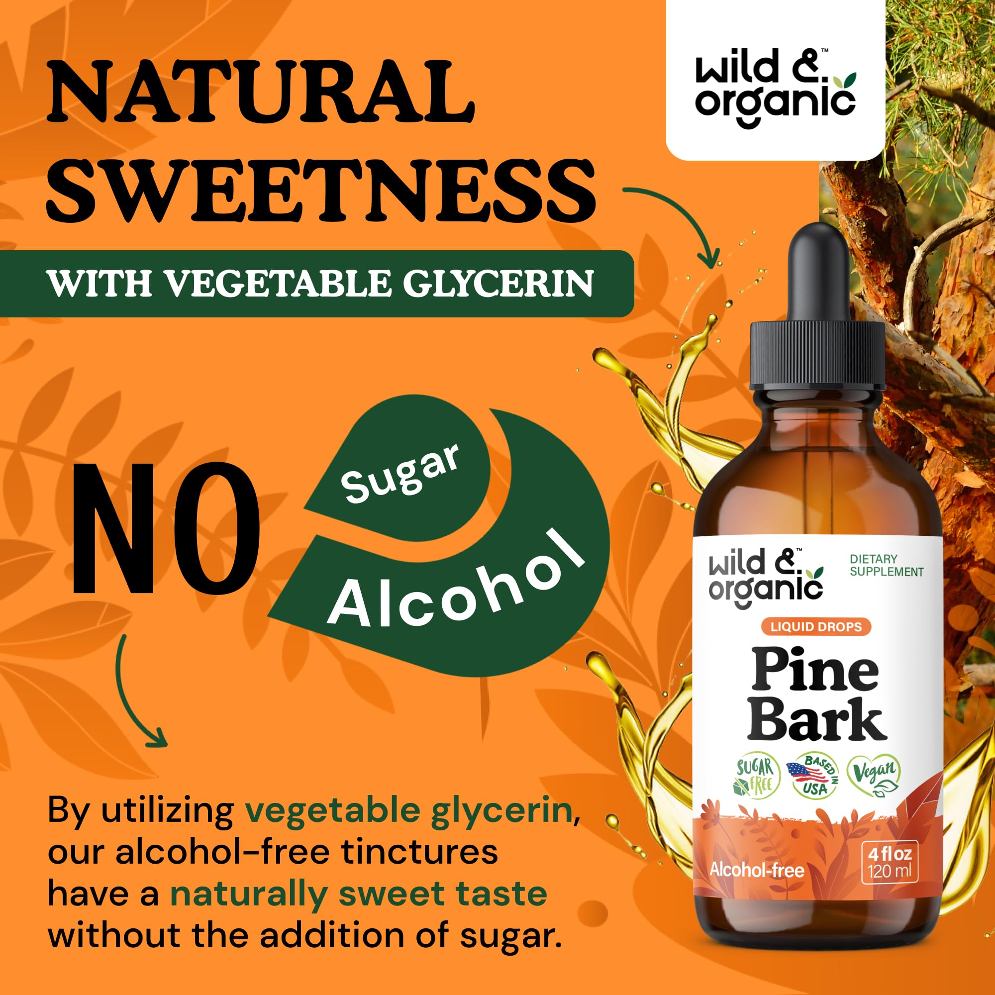 Wild & Organic Pine Bark Extract Tincture 360mg on wooden table