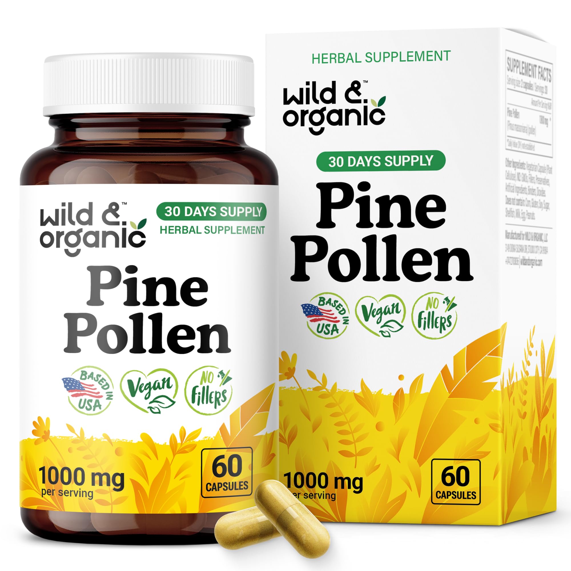 Wild & Organic Pine Pollen Capsules 1000mg front view