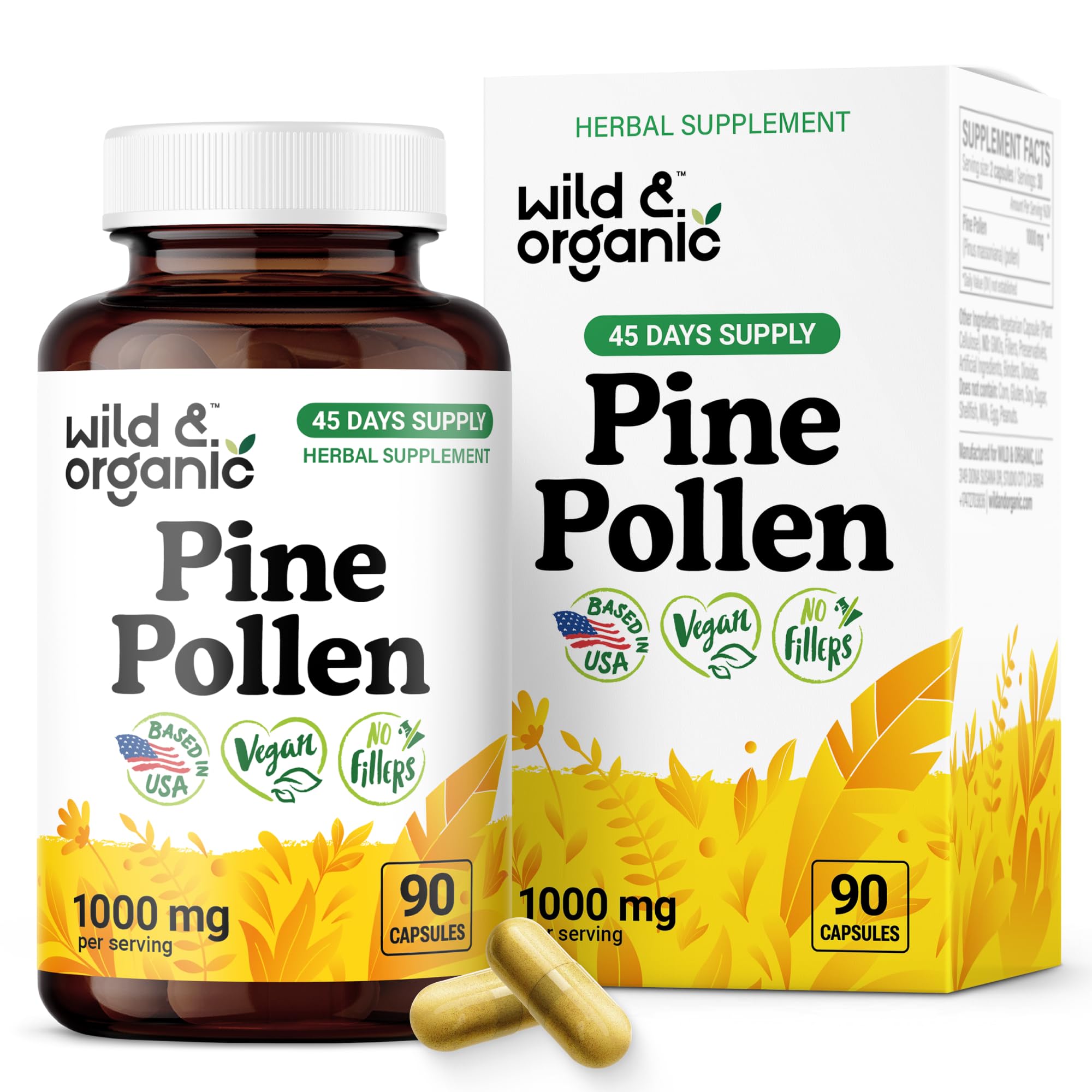 Wild & Organic Pine Pollen Capsules 1000mg front view