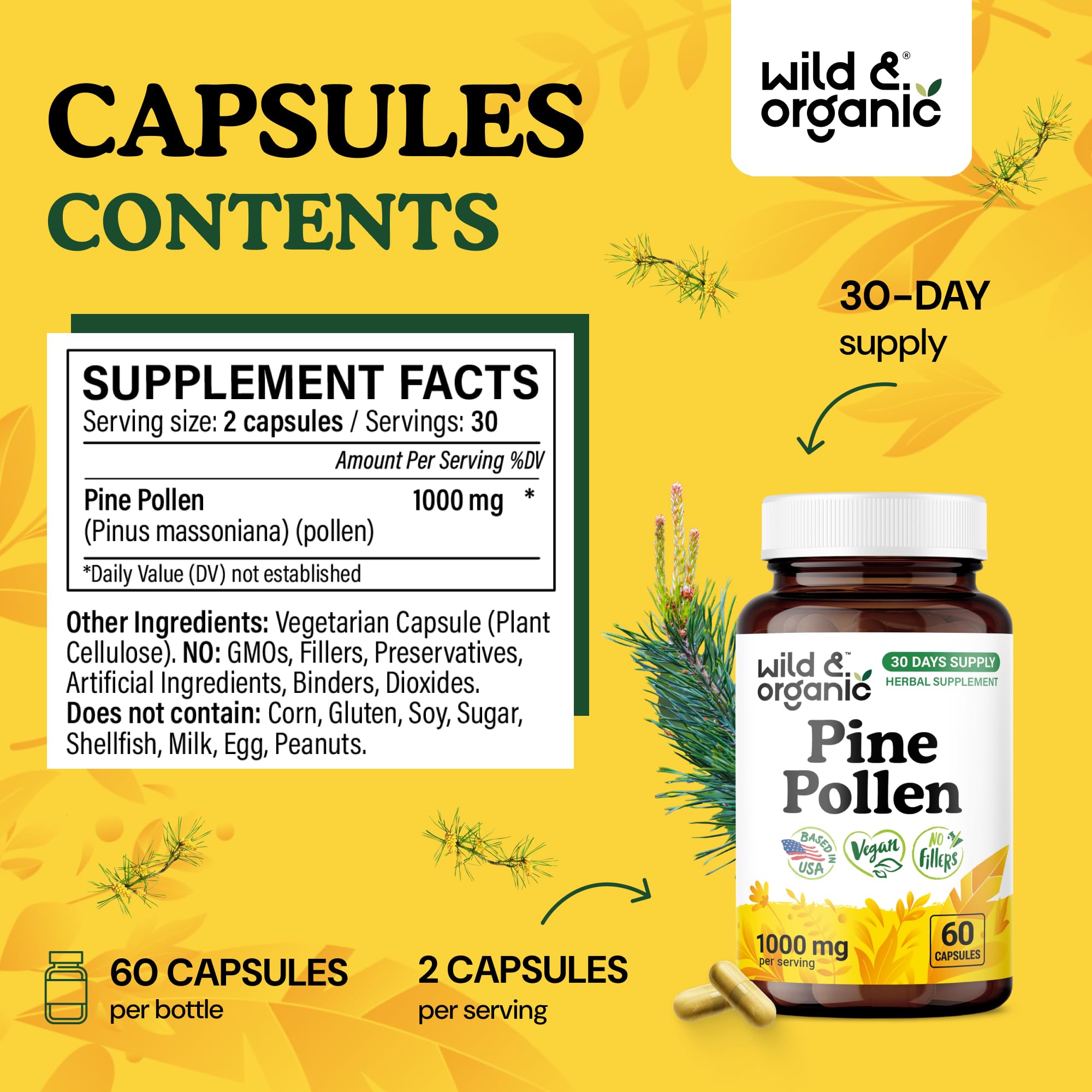 Wild & Organic Pine Pollen Capsules 1000mg nutritional information