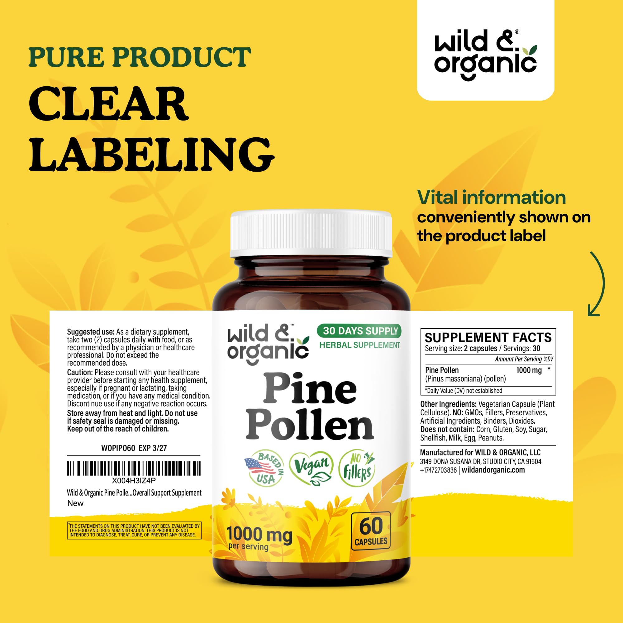 Wild & Organic Pine Pollen Capsules 1000mg on a wooden table