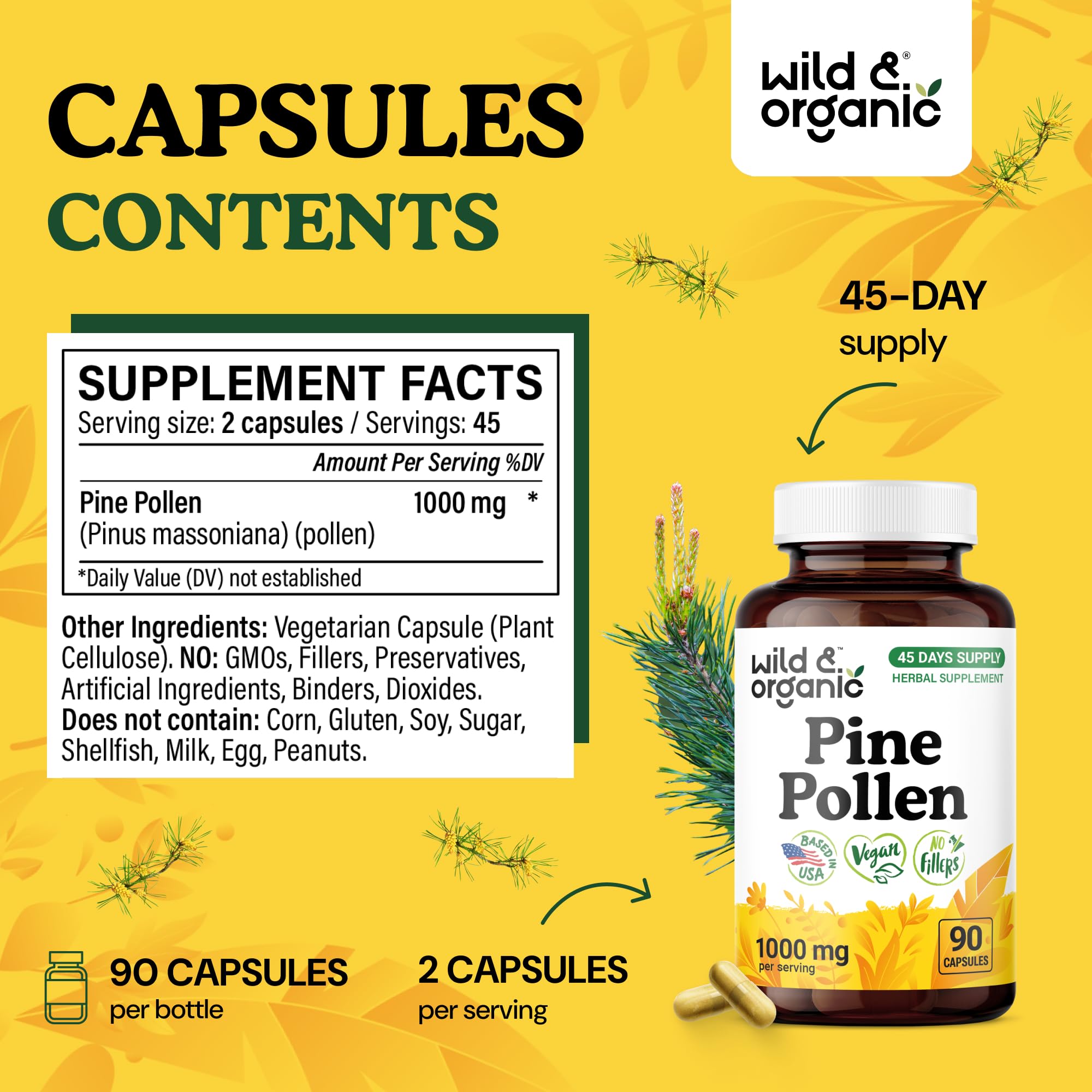 Wild & Organic Pine Pollen Capsules side view with label