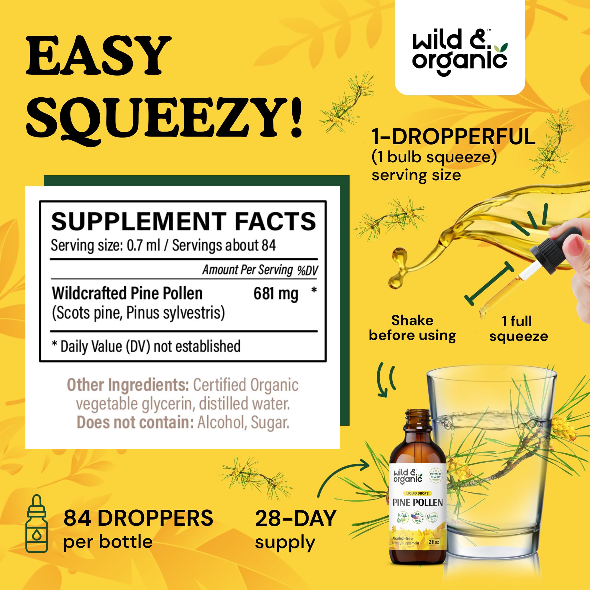 Wild & Organic Pine Pollen Tincture dropper close-up
