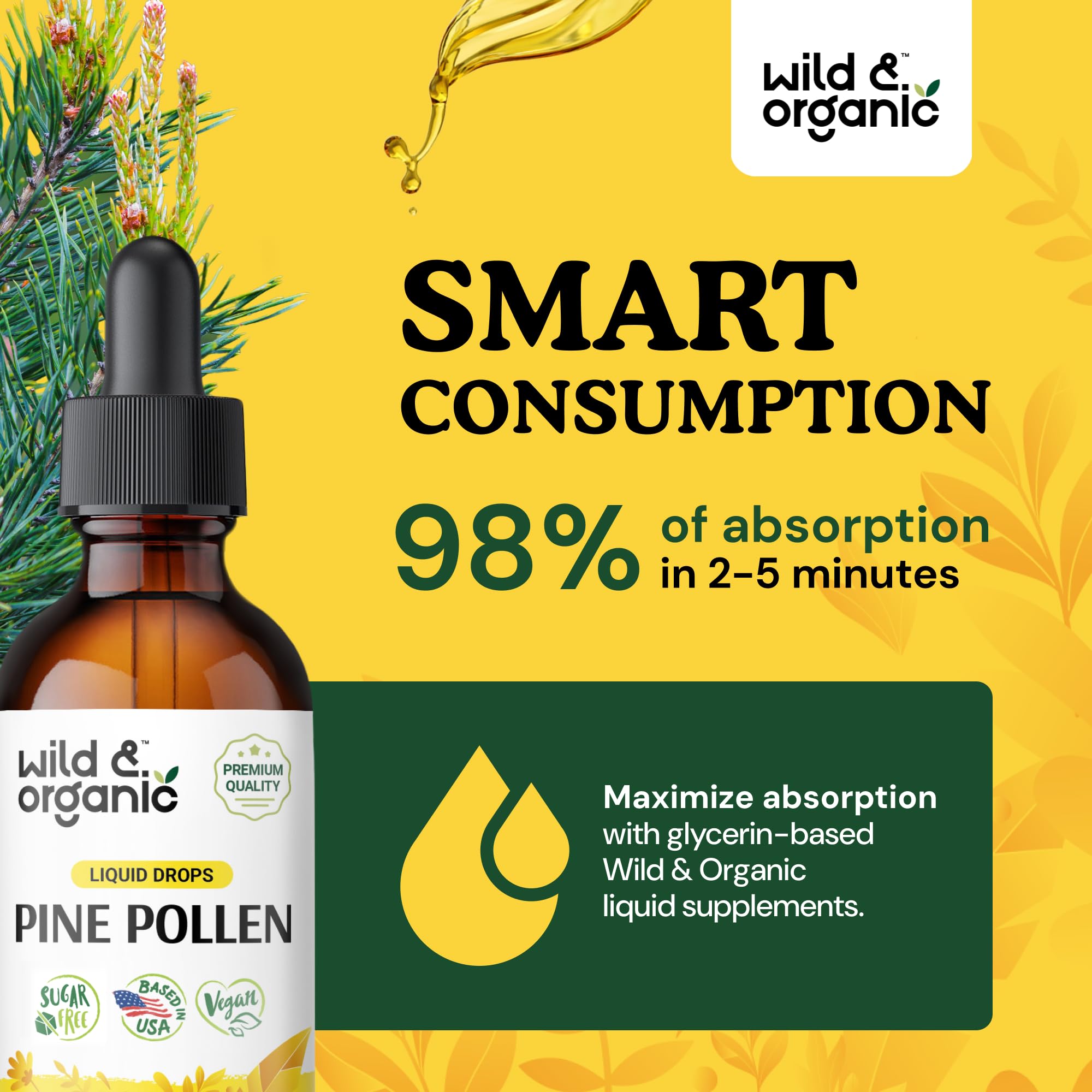Wild & Organic Pine Pollen Tincture on wooden table