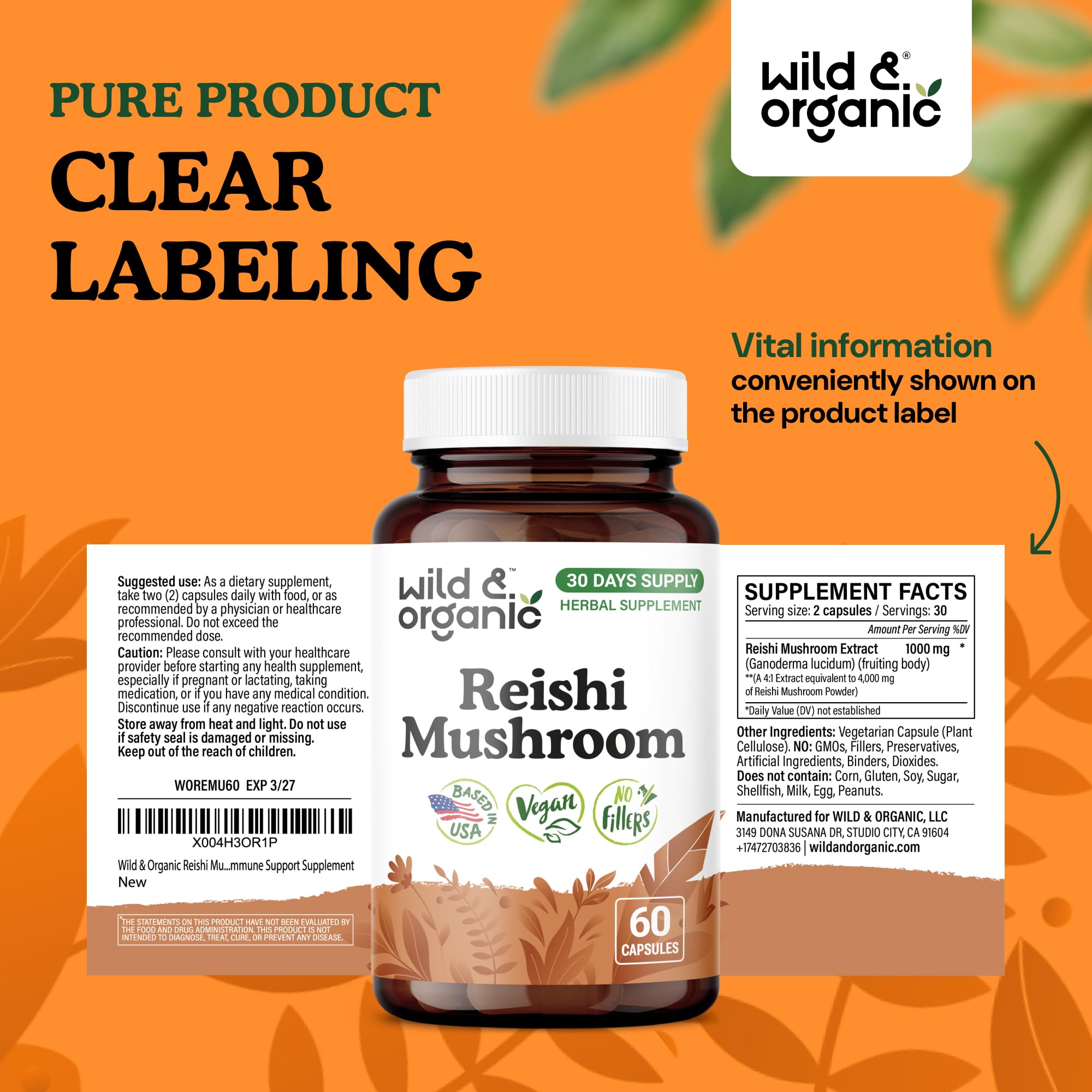 Wild & Organic Red Reishi Mushroom Capsules packaging details