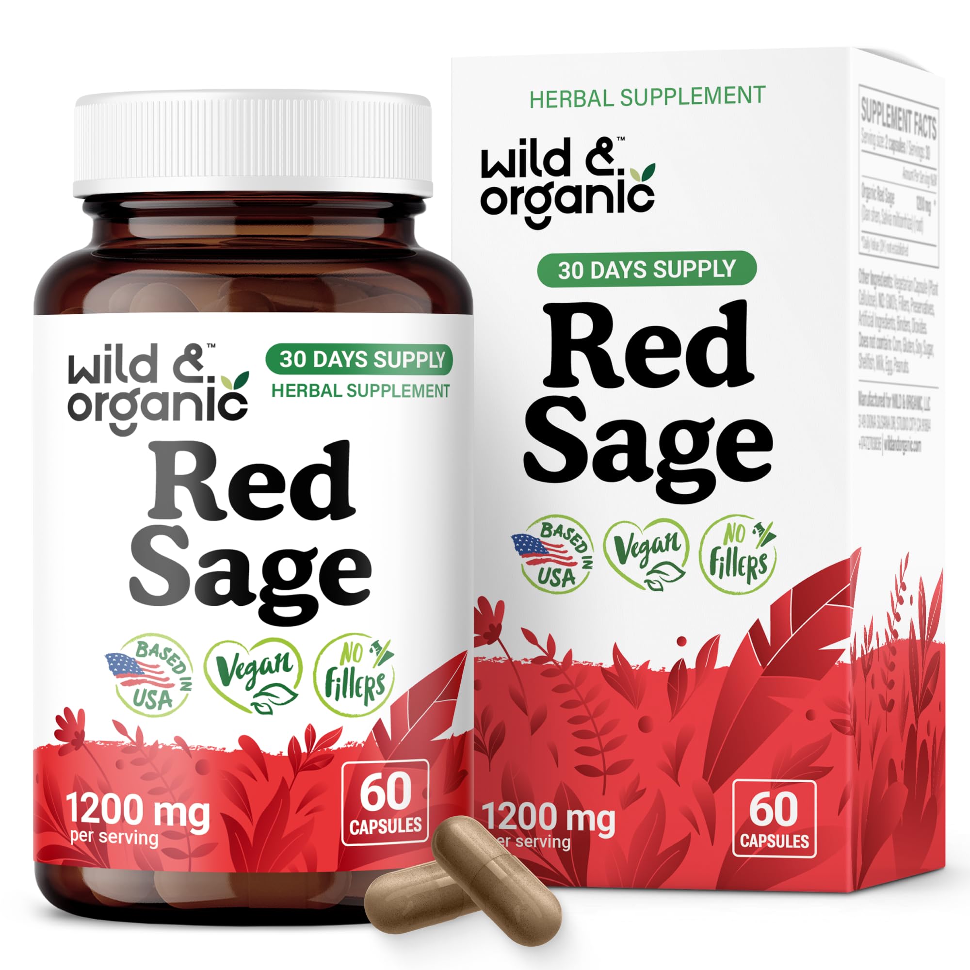 Wild & Organic Red Sage Capsules 1200mg front view