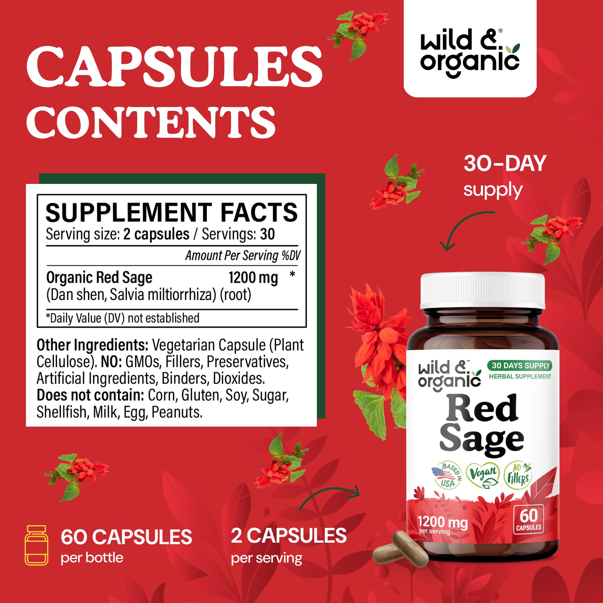 Wild & Organic Red Sage Capsules side view showing capsule