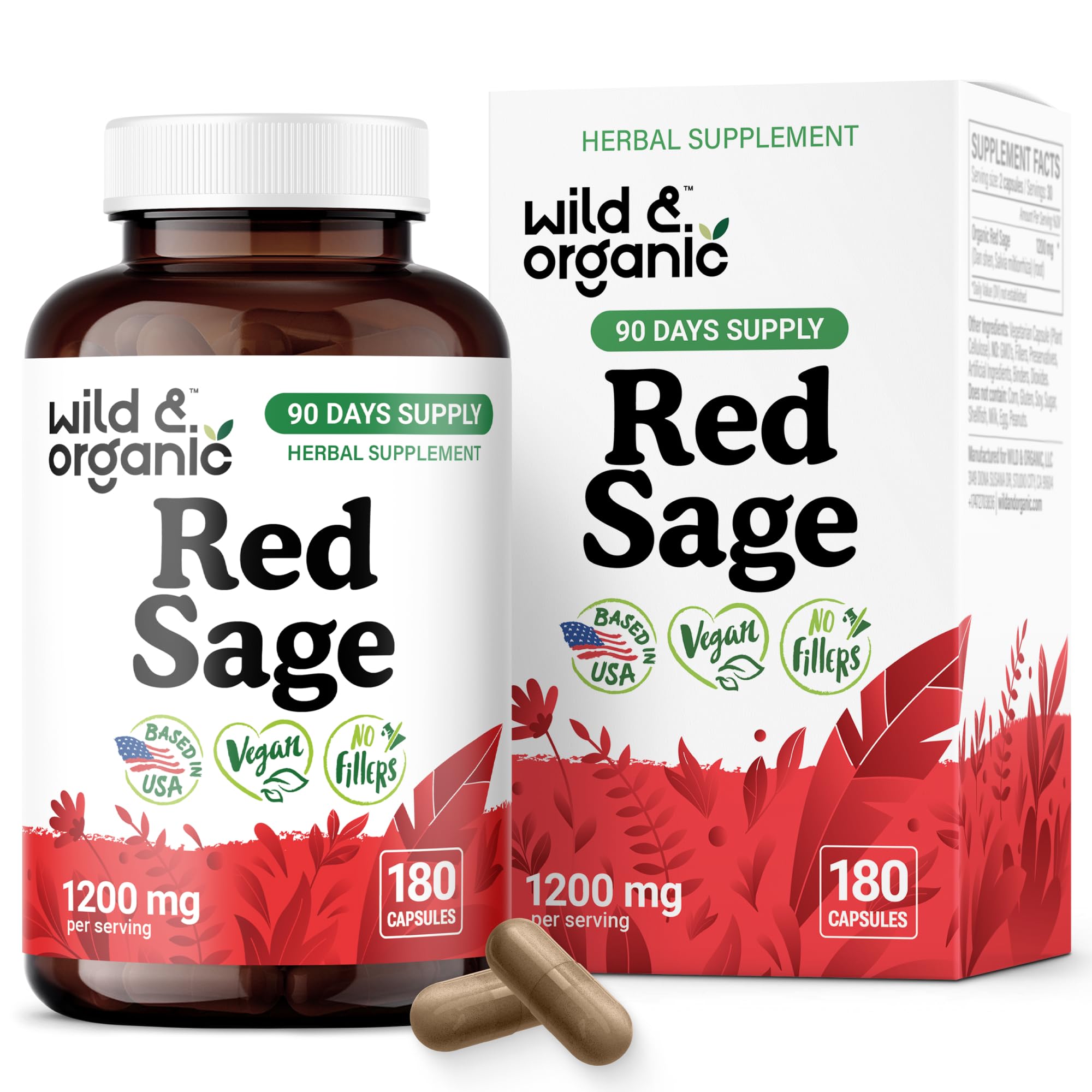 Wild & Organic Red Sage Root Capsules 1200mg front view