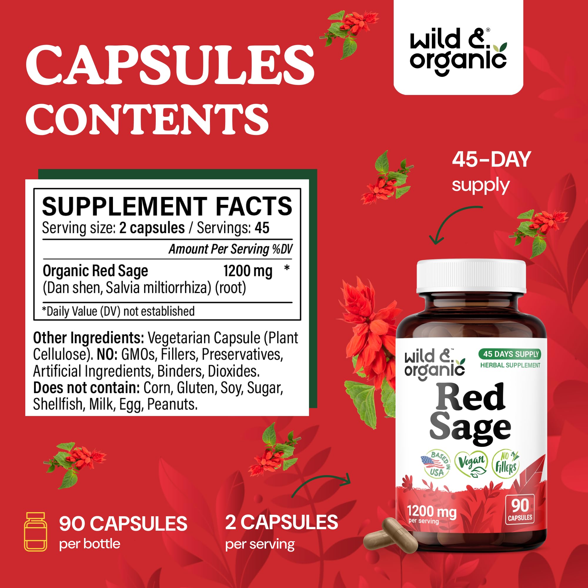 Wild & Organic Red Sage Root Capsules 90-count side view