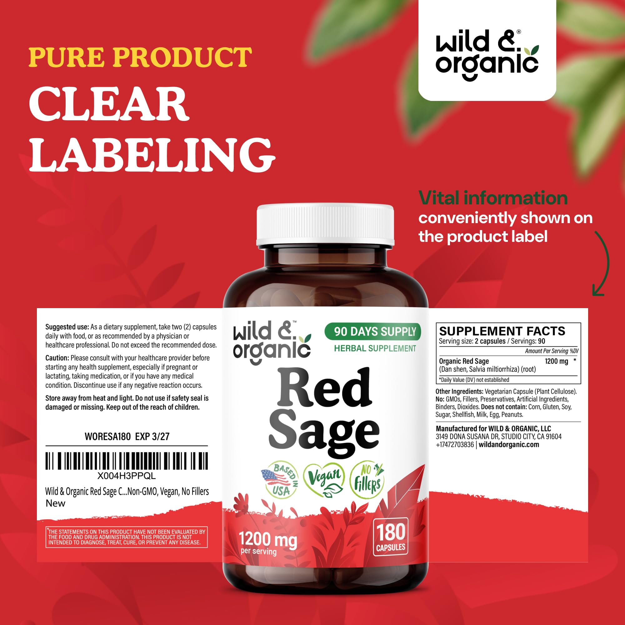Wild & Organic Red Sage Root Capsules packaging details