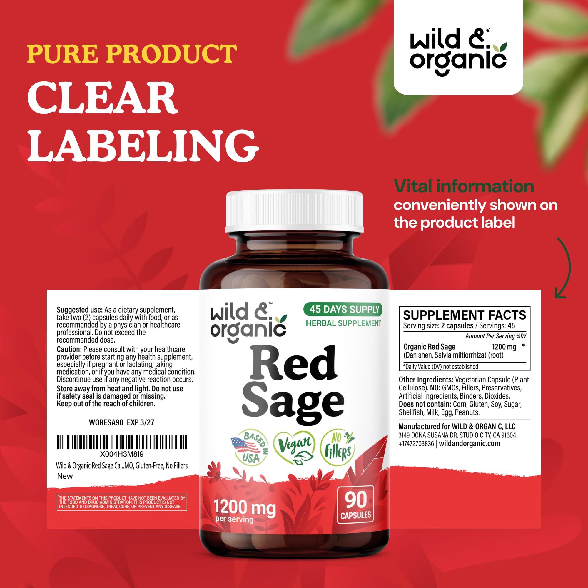 Wild & Organic Red Sage Root Capsules packaging dimensions
