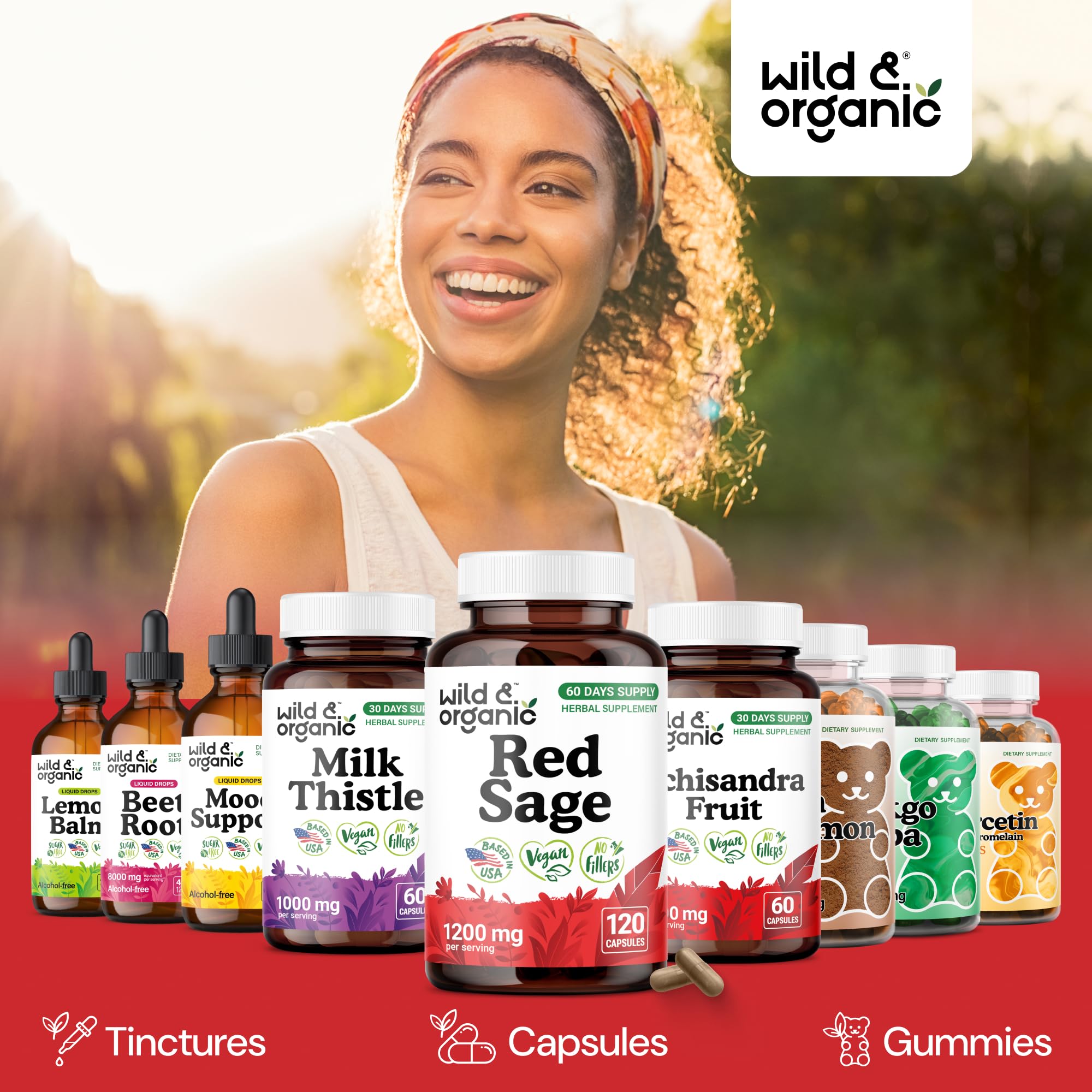 Wild & Organic Red Sage Root Capsules with ingredients list