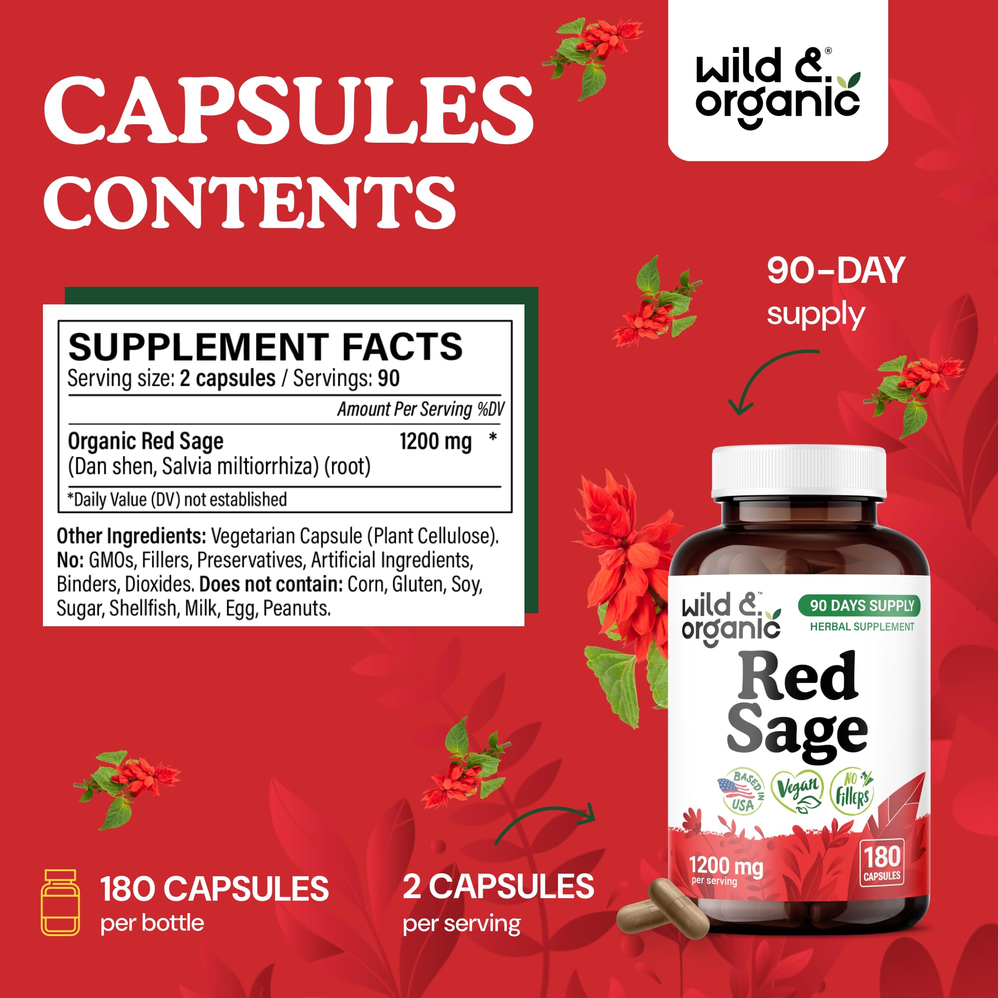 Wild & Organic Red Sage Root Capsules with natural ingredients label