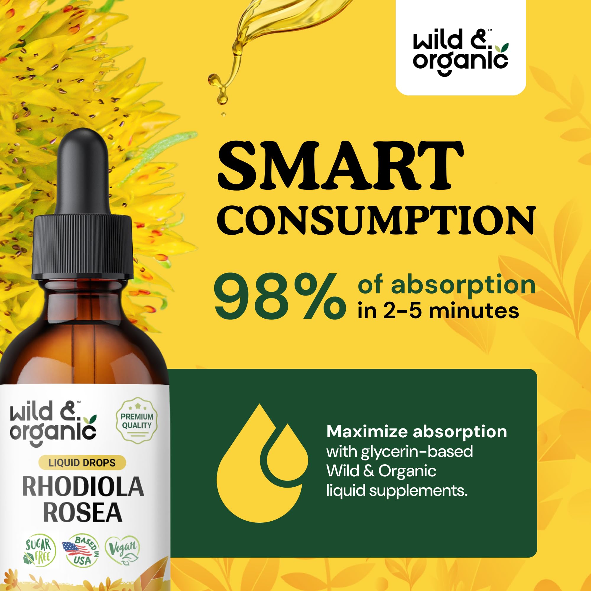 Wild & Organic Rhodiola Rosea Tincture 685mg bottle on wooden table