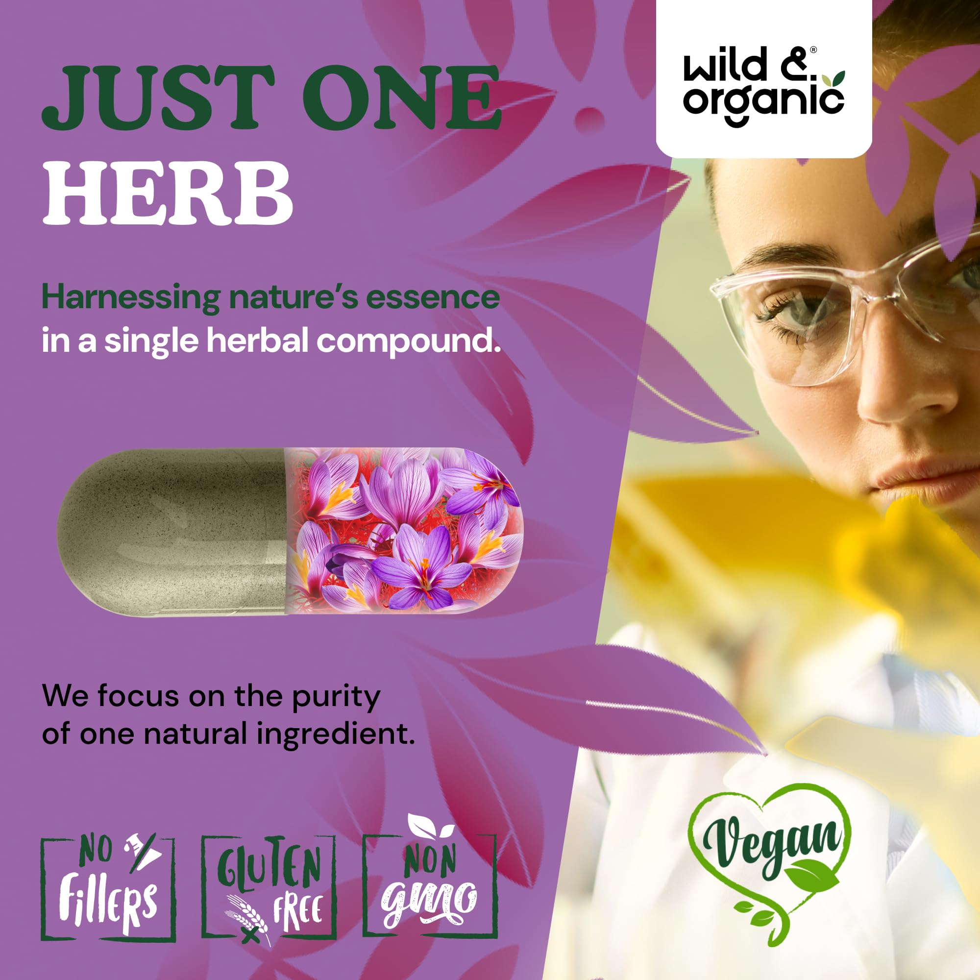 Wild & Organic Saffron Capsules showing serving size on a spoon