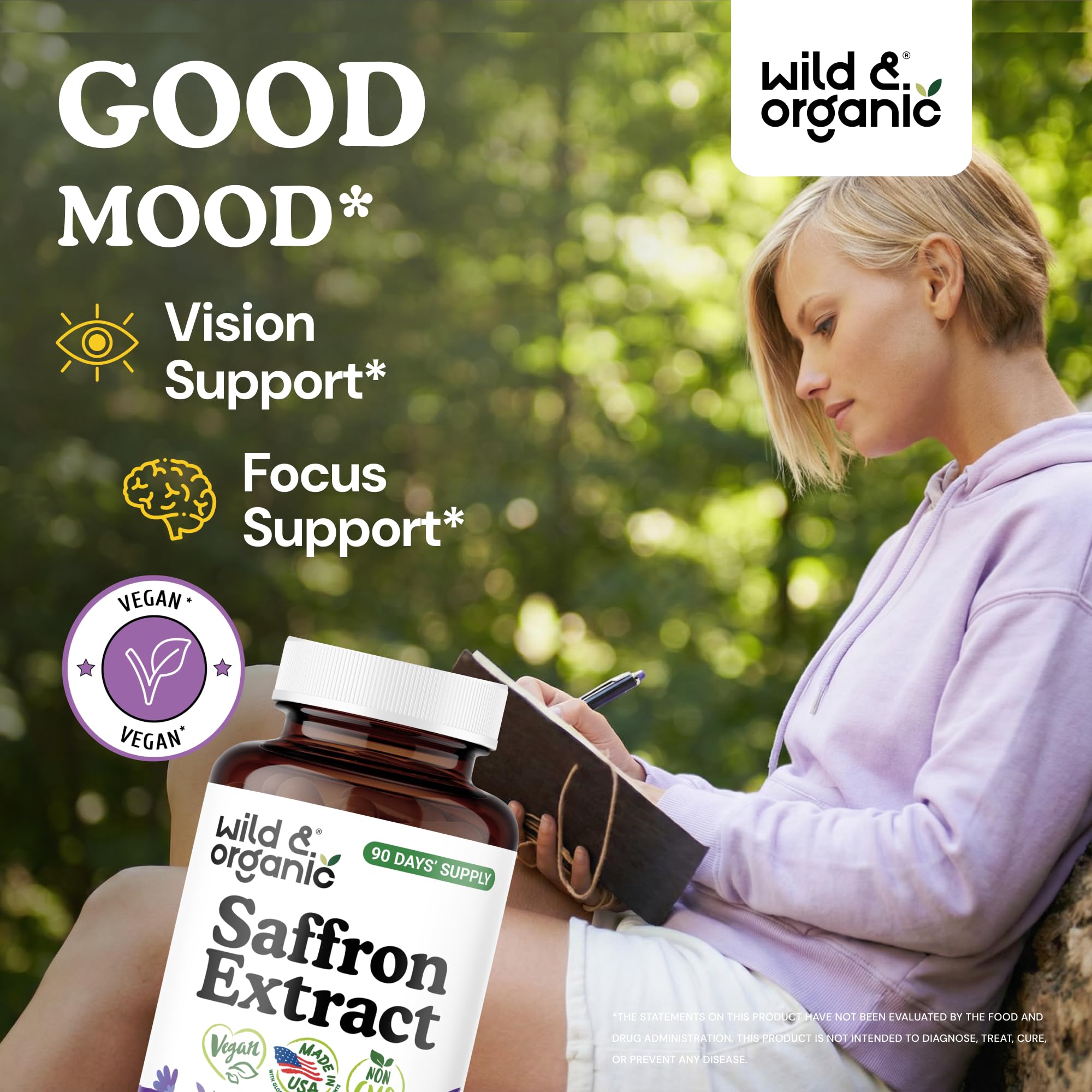 Wild & Organic Saffron Capsules side view showing label