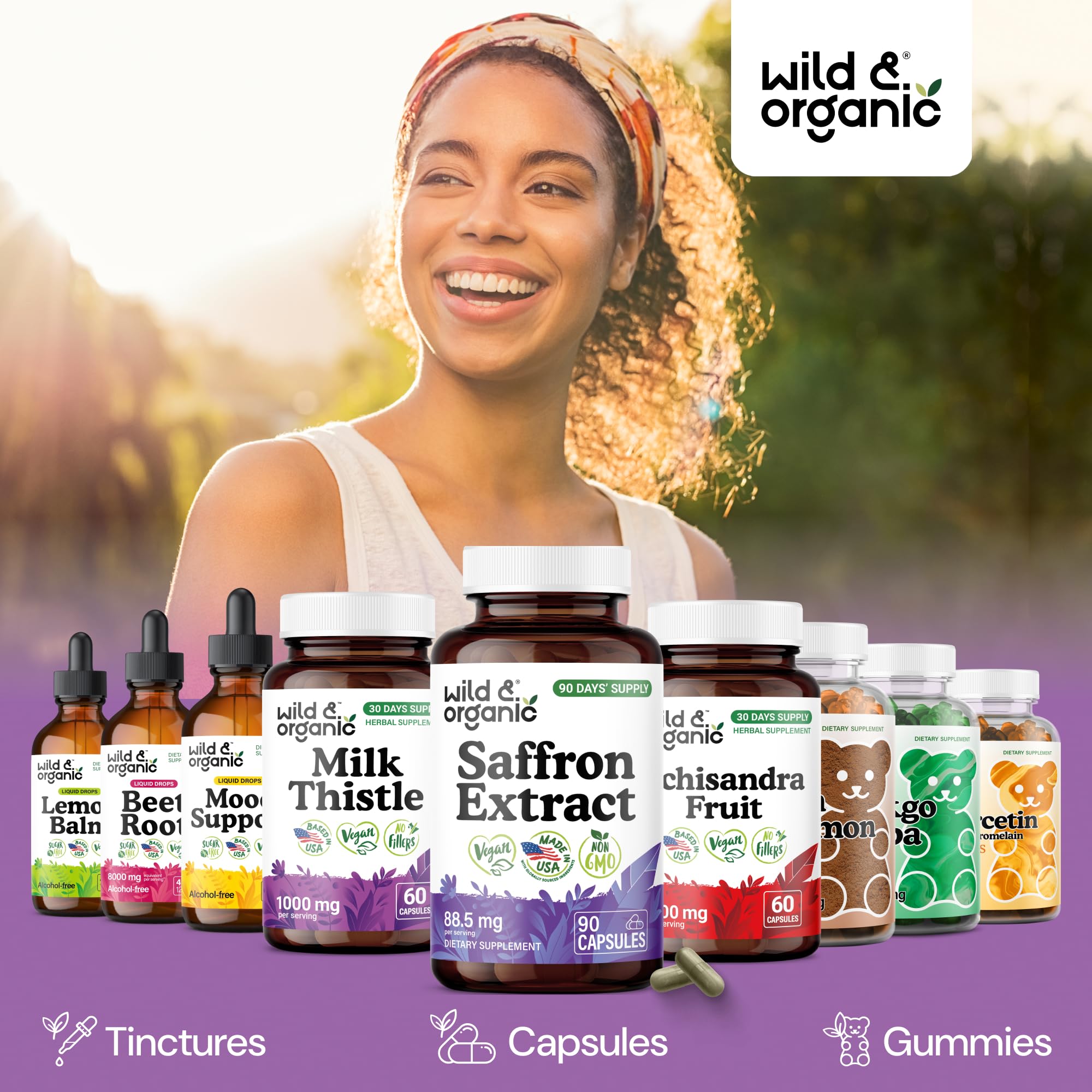 Wild & Organic Saffron Capsules with natural ingredients background