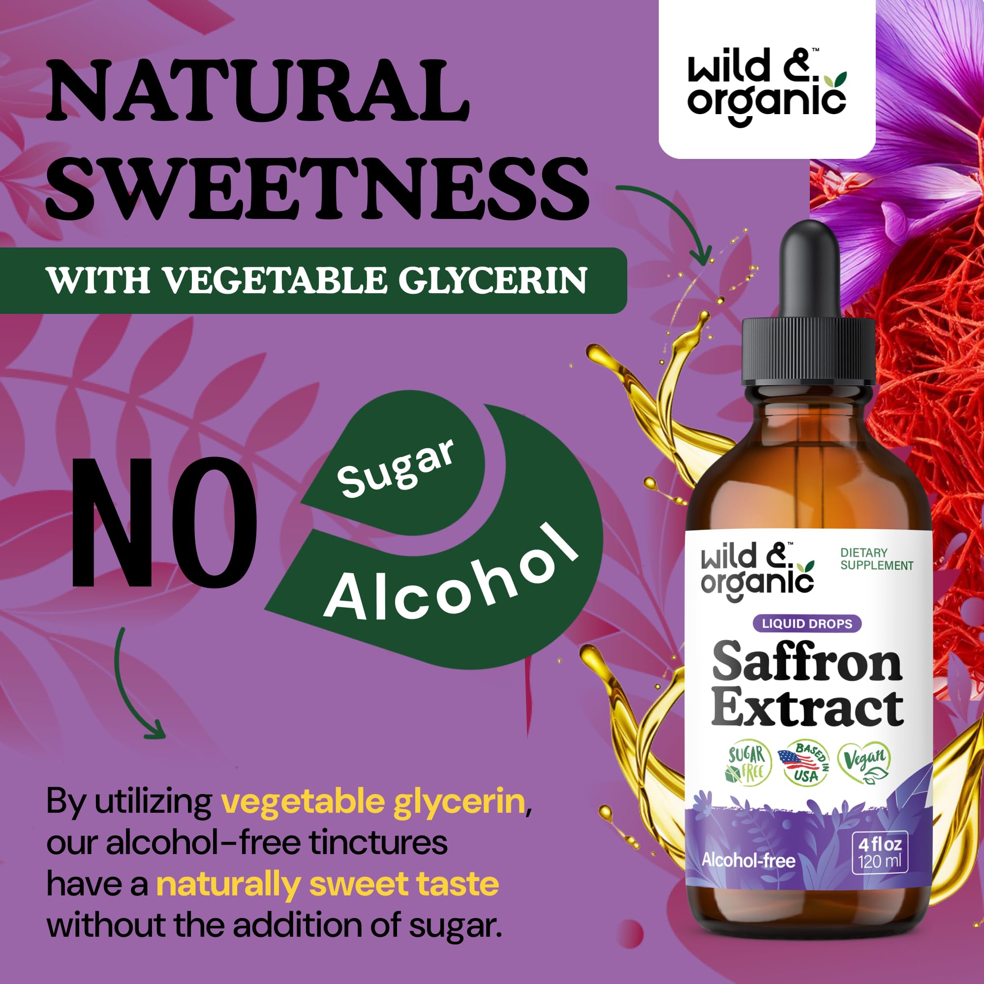 Wild & Organic Saffron Extract Liquid Drops on a wooden table