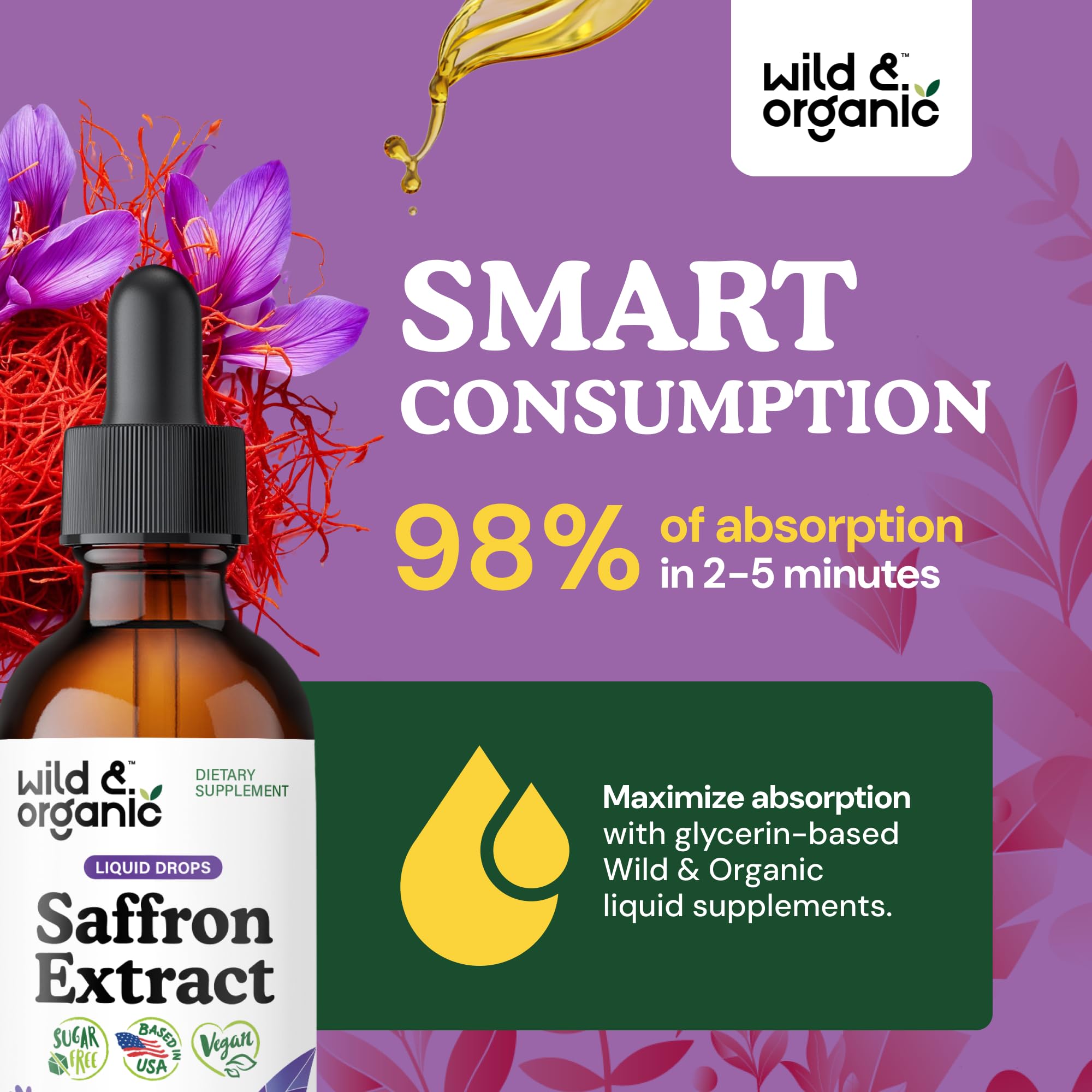 Wild & Organic Saffron Liquid Extract Drops on wooden table