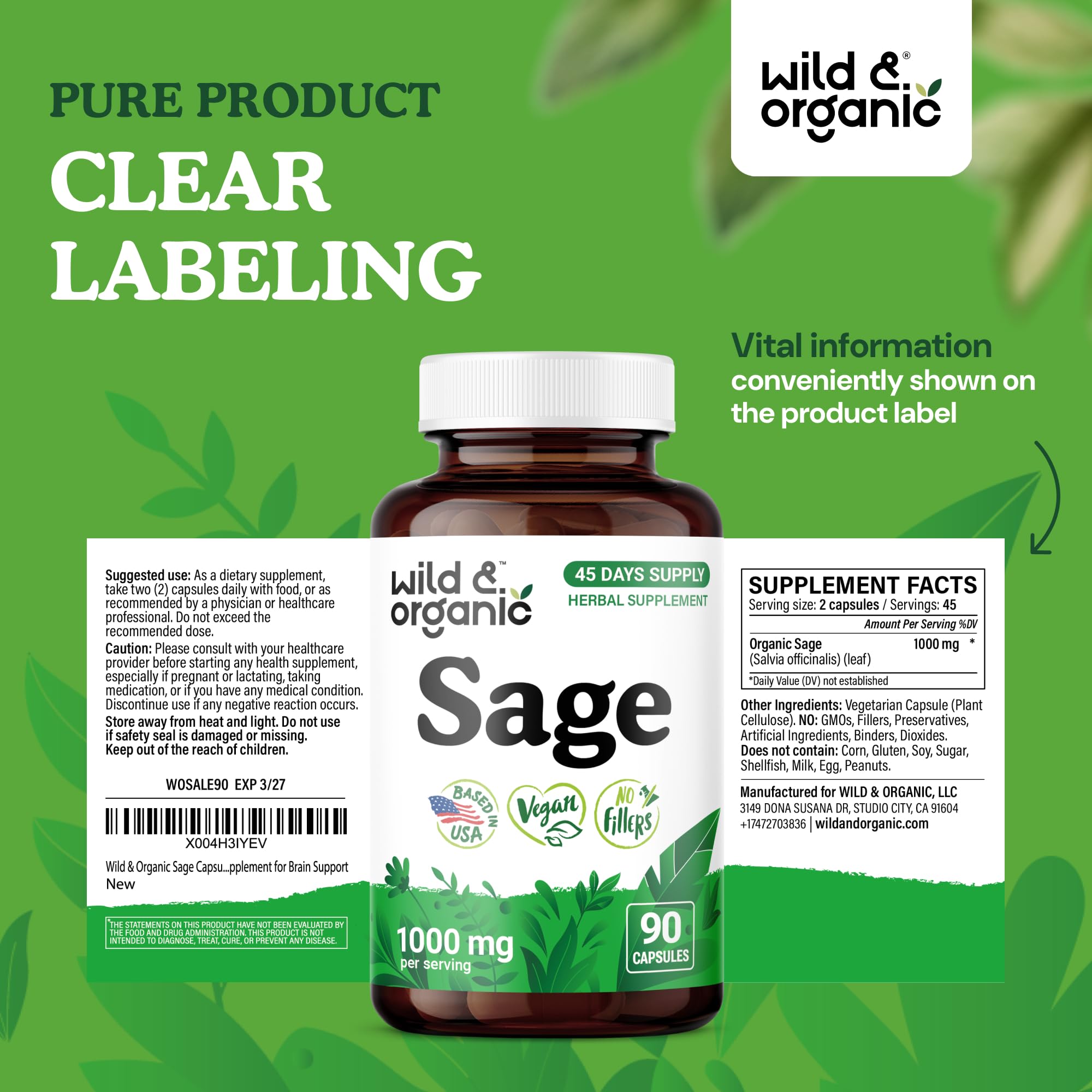 Wild & Organic Sage Capsules displayed with herbal ingredients