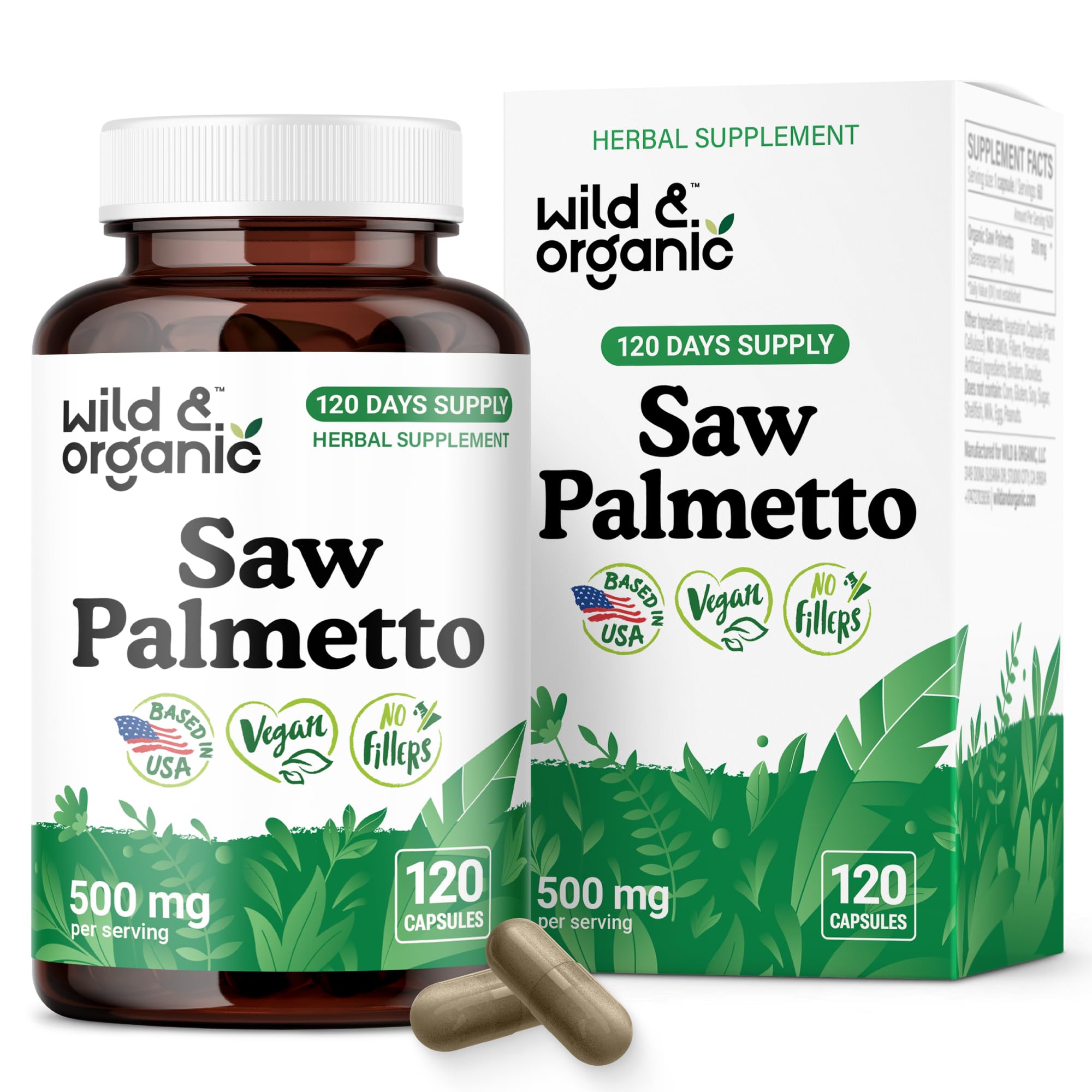 Wild & Organic Saw Palmetto Capsules 500mg front view